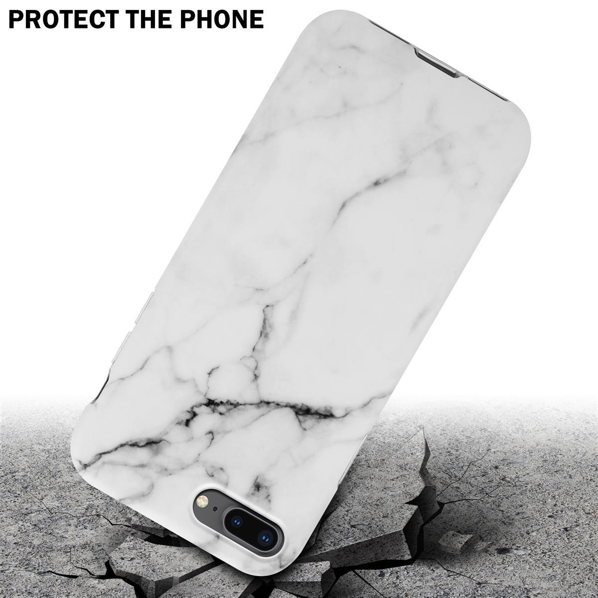 Eine weiße Marmor-Handyhülle auf einer rissigen Oberfläche. Der Text lautet 'Protect the phone'.