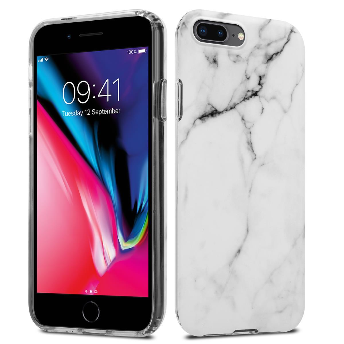 Zwei Telefone, eines in einer weißen Marmor-Handyhülle. Das andere Telefon ohne Hülle.