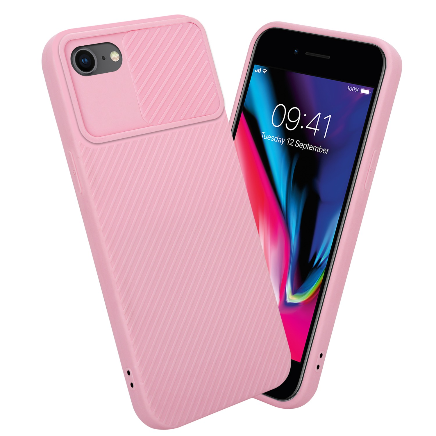 Rosa Handyhülle mit Kameraabdeckung. Telefon ist angewinkelt und scharf.