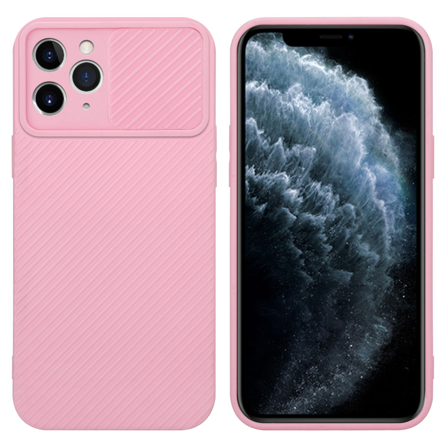 Rosa Telefon und Hülle. Die Hülle bedeckt die Rückseite und hat eine Kameraabdeckung. Telefon ist rechts.