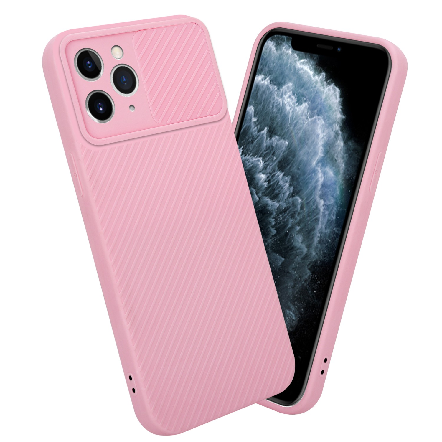 Rosa Handyhülle. Die Hülle bedeckt das Telefon. Der Kamerabereich hat eine Schiebeabdeckung.