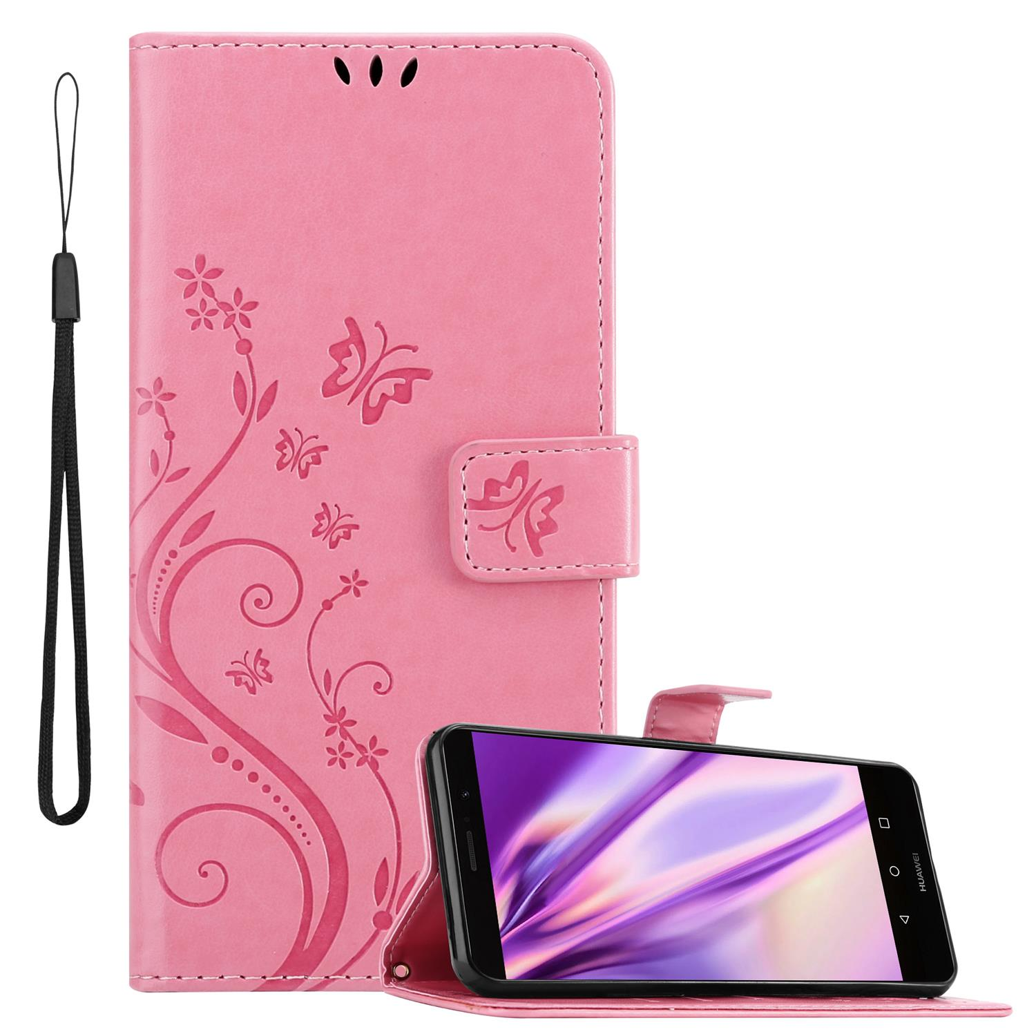 Rosa Handy-Brieftasche mit Schmetterlingsdesign und schwarzem Handschlaufe. Telefon ist offen.