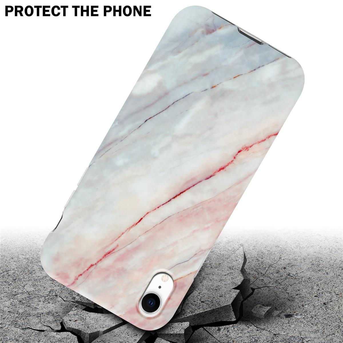 Una custodia per telefono con motivo marmoreo sta cadendo e incrinando il terreno; il testo dice 'PROTECT THE PHONE'.