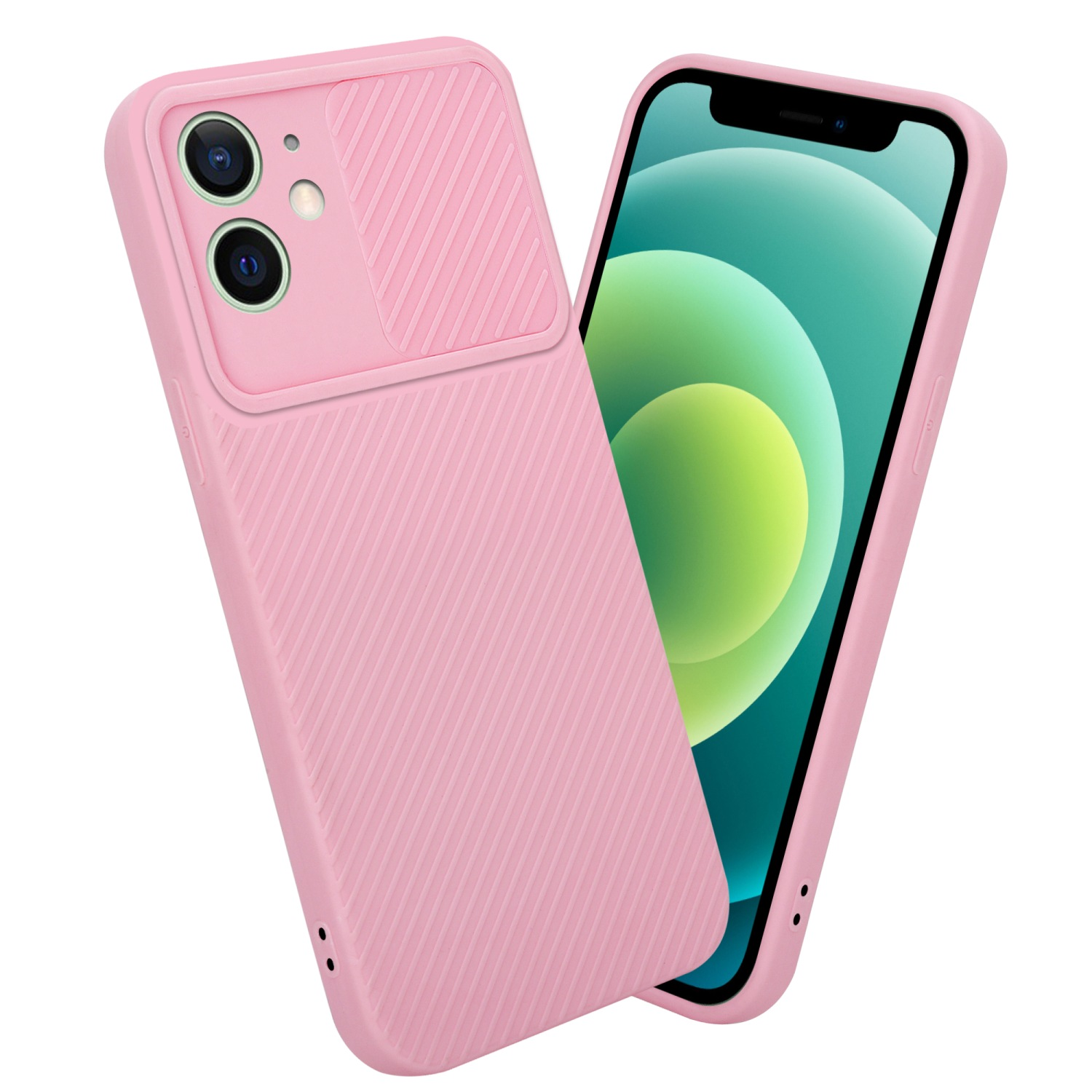 Rosa Handyhülle mit Kameraabdeckung und einem Telefon. Weißer Hintergrund.
