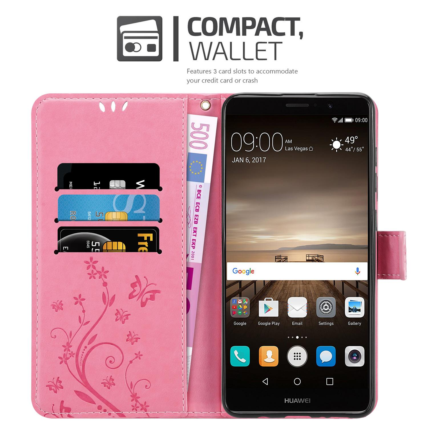 MATE CADORABO Huawei, Muster Blumen ROSA Flower Case, Hülle FLORAL Bookcover, 9,