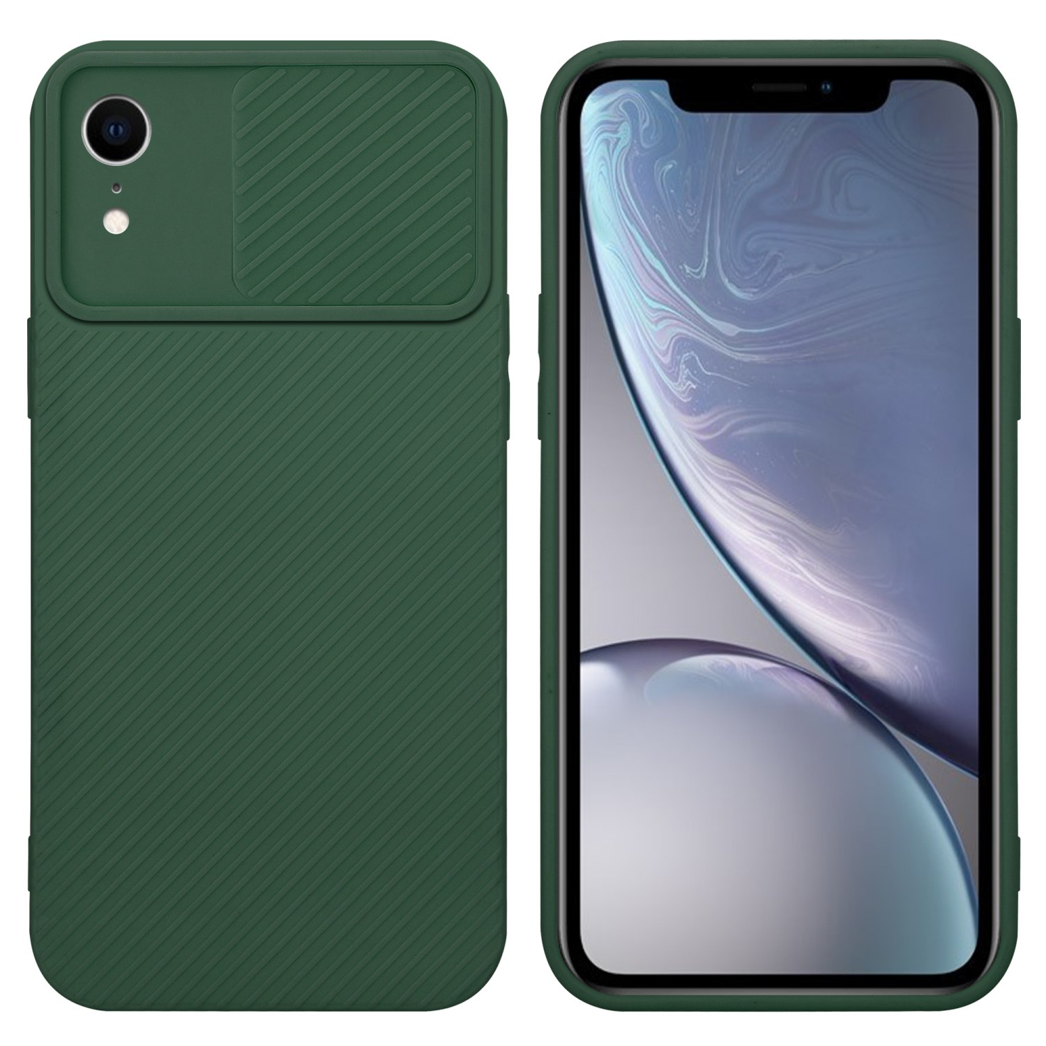 Grüne Handyhülle mit Kameraabdeckung. Telefon hat Bildschirm mit abstraktem Bild.