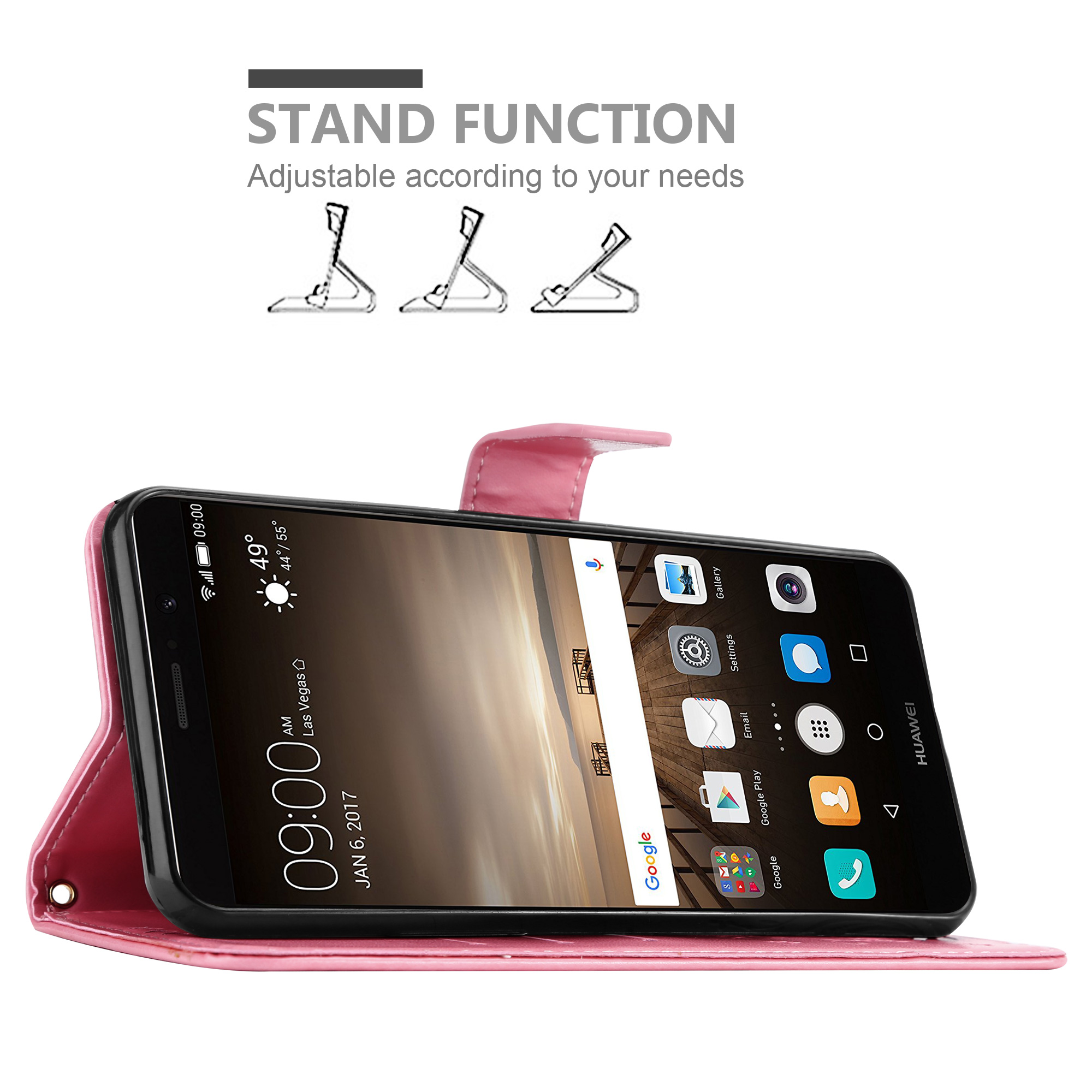 Geöffnete rosa Handyhülle. Das Telefon zeigt einen Bildschirm. Text 'Standfunktion' sichtbar.