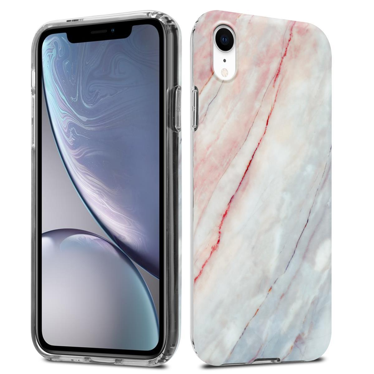 Due custodie per telefono: una sul telefono, l'altra mostra un design in marmo rosa e lati trasparenti.