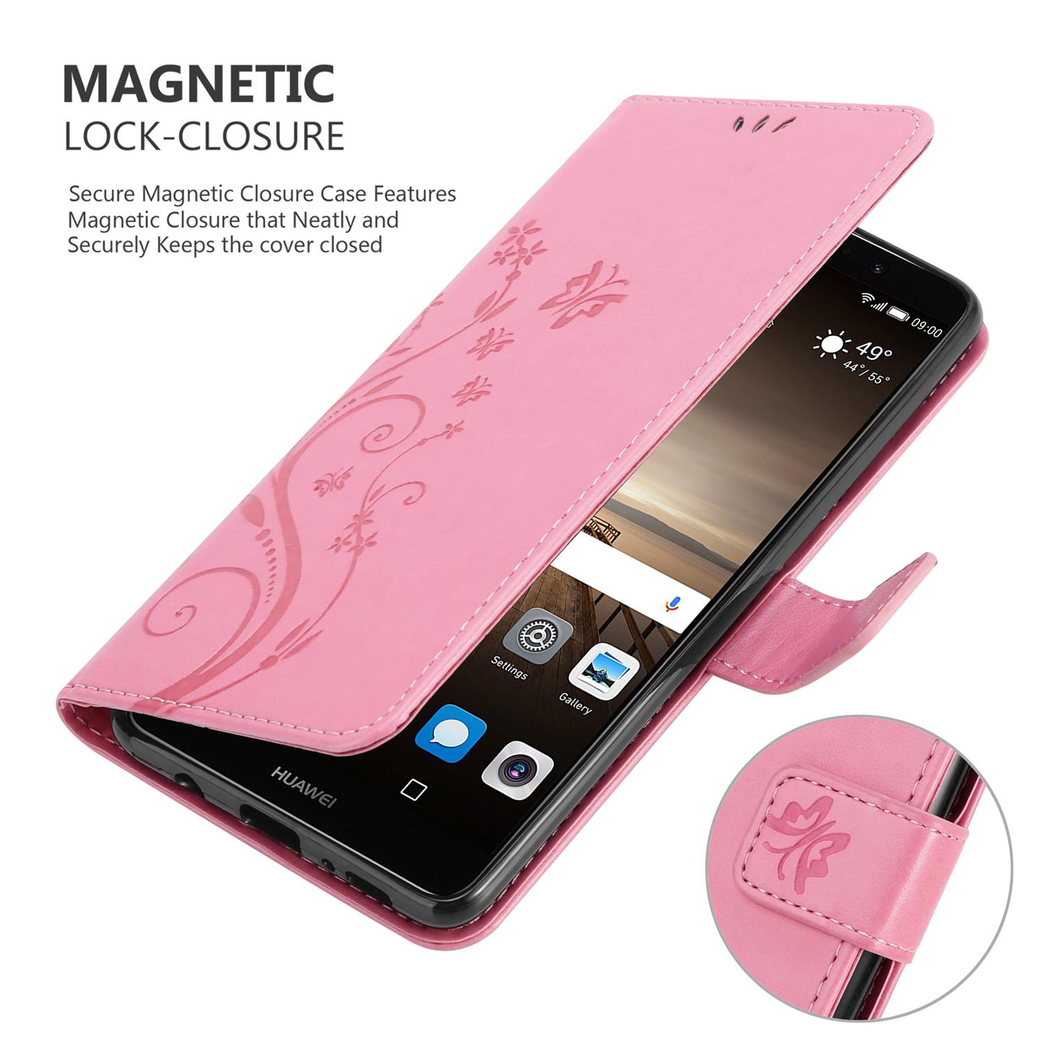 Eine rosa Handyhülle mit floralem Design ist geöffnet und zeigt ein Telefon. Das Telefon zeigt Uhrzeit und Wetter an.