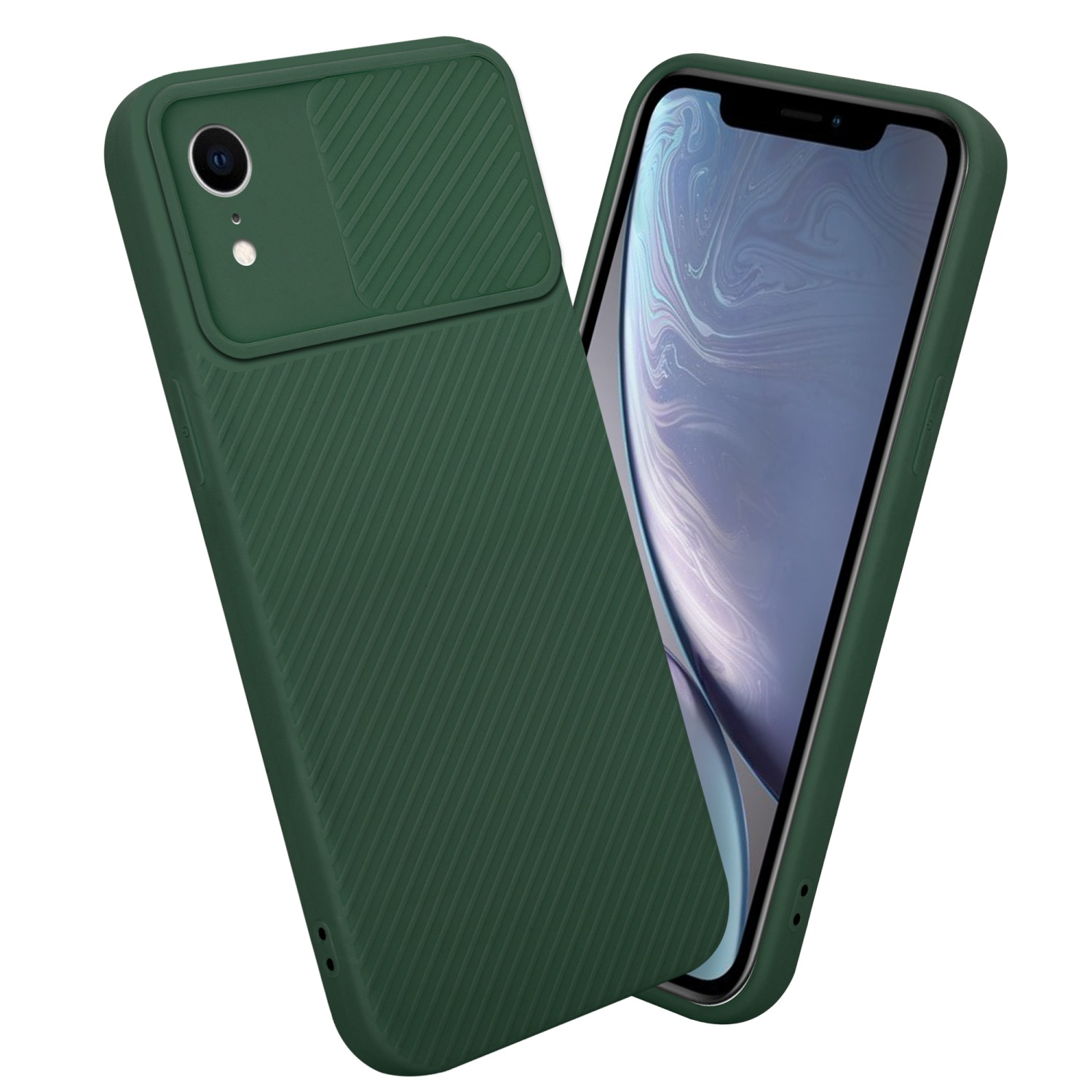 Grüne Handyhülle mit Kameraabdeckung. Das Telefon befindet sich in der Hülle.