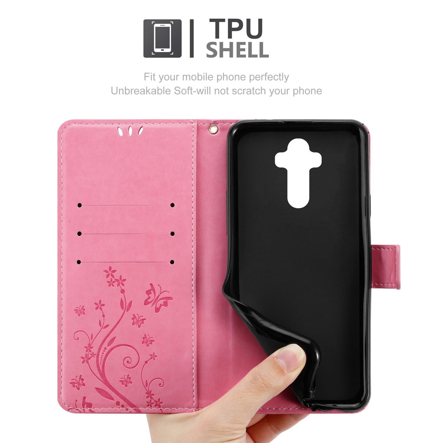 Eine rosa Handyhülle, geöffnet, um ein Telefon und eine schwarze Innenhülle zu zeigen. Der Text erwähnt eine TPU-Schale.