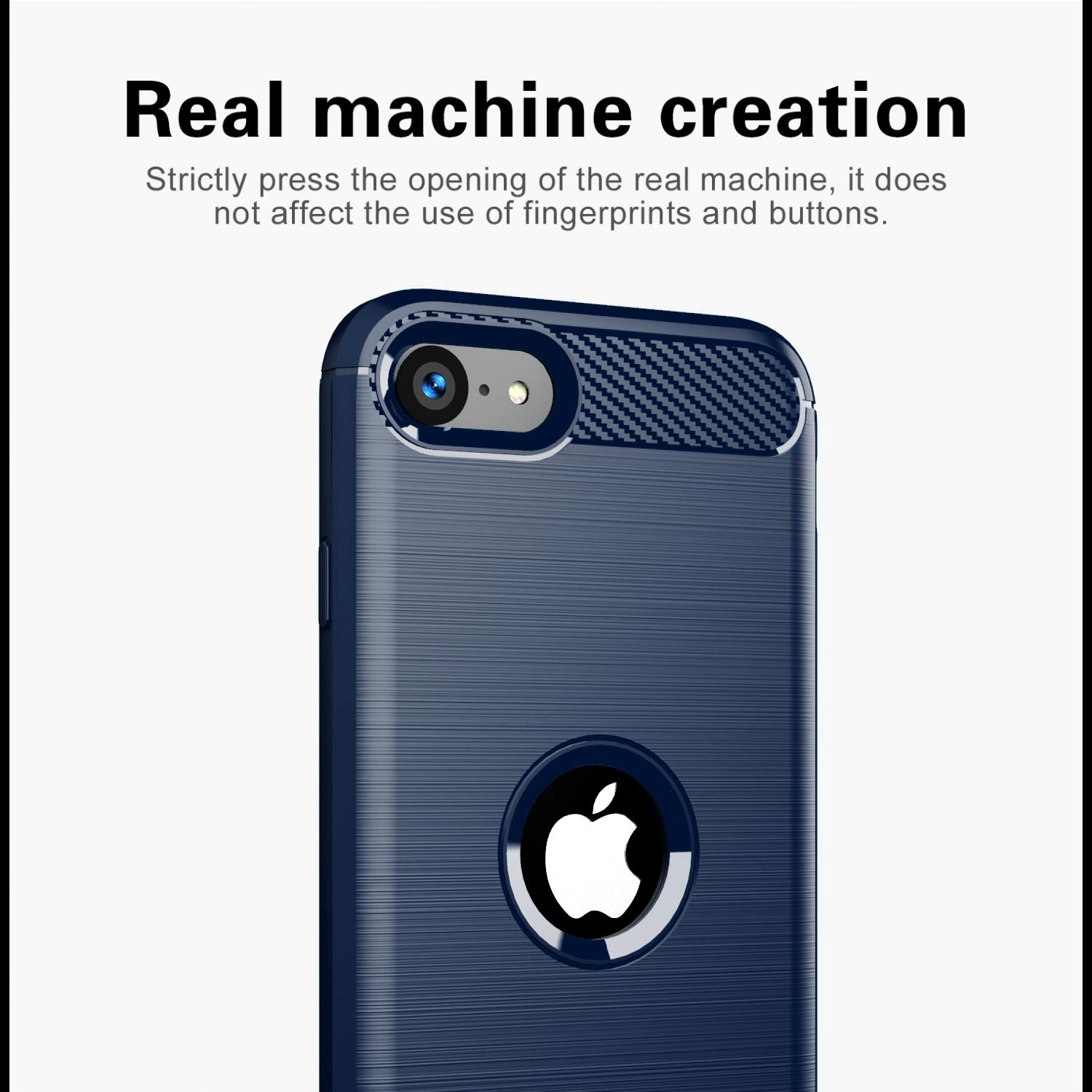 Eine dunkelblaue Handyhülle mit Kameraausschnitt und Apple-Logo. Der Text 'Real machine creation' ist sichtbar.
