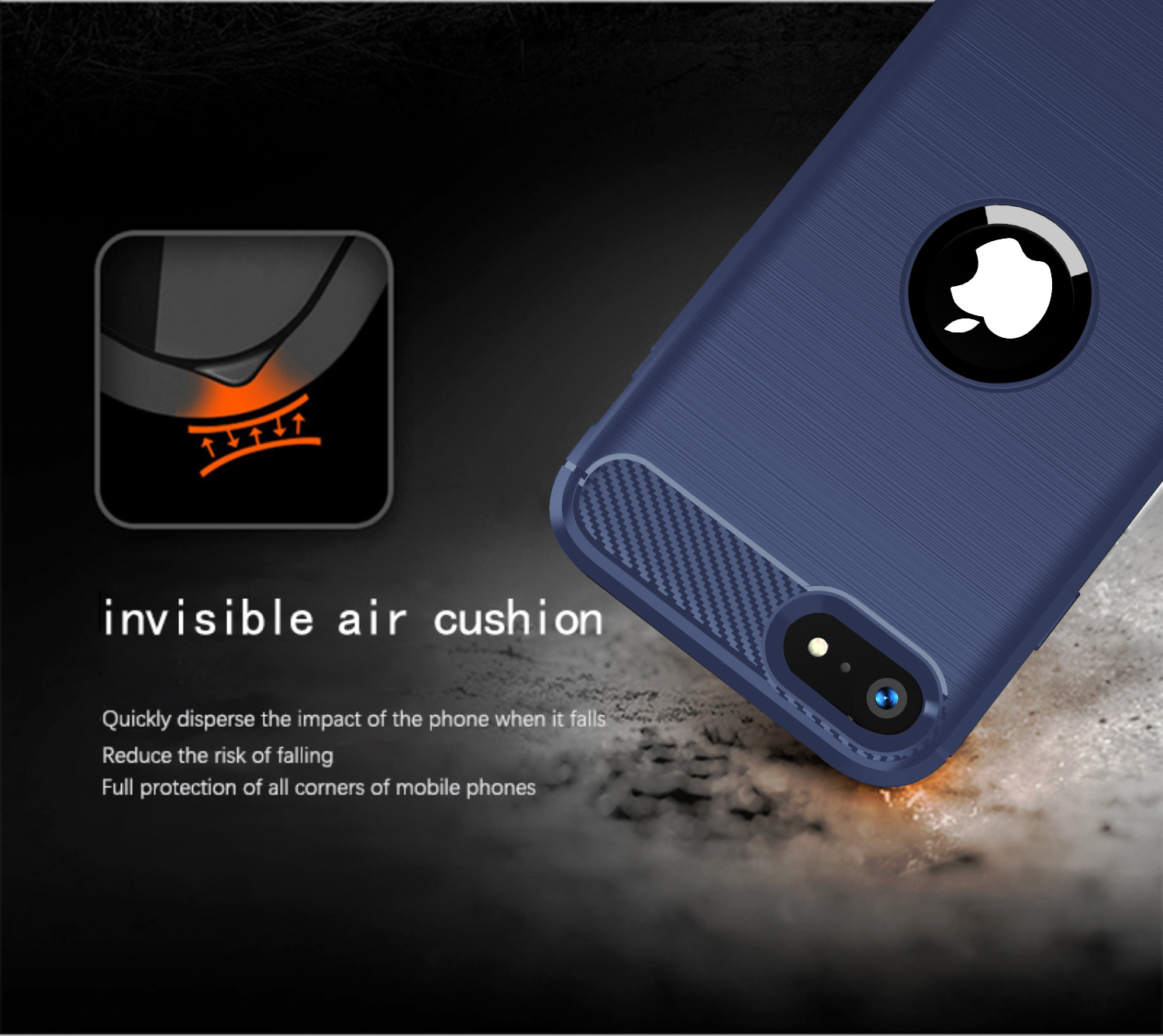 Eine blaue Handyhülle mit schwarzem Apple-Logo, Luftpolsterdesign und Text.