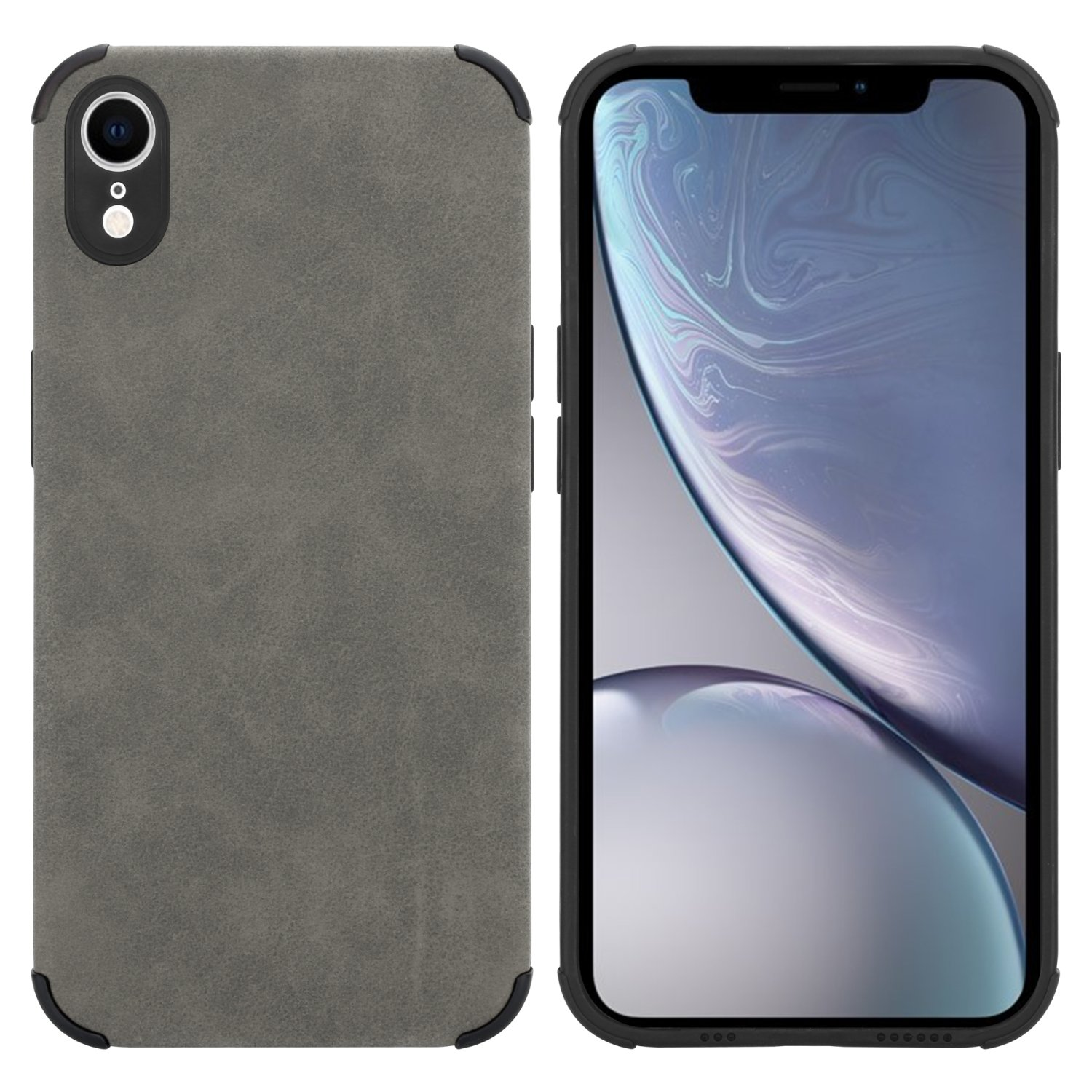 Graue Handyhülle mit einem Telefon, auf weißem Hintergrund.