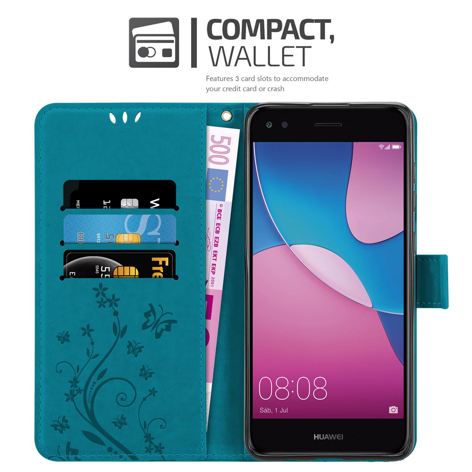 CADORABO Hülle Blumen Muster Bookcover, Flower Huawei, PRO Y6 2017, BLAU FLORAL Case