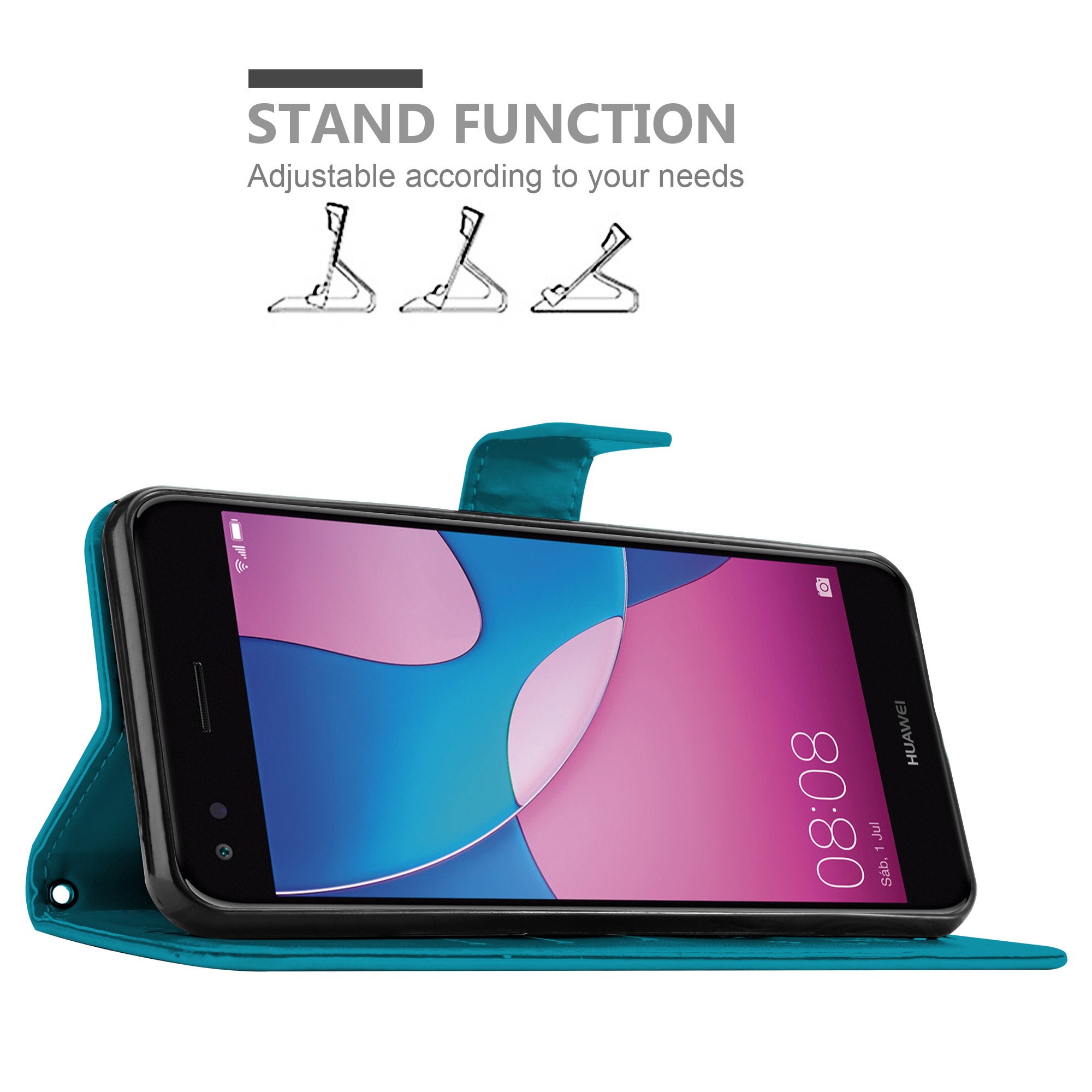 Türkisfarbene Handyhülle mit Ständerfunktion. Der Bildschirm zeigt blau-lila Design.