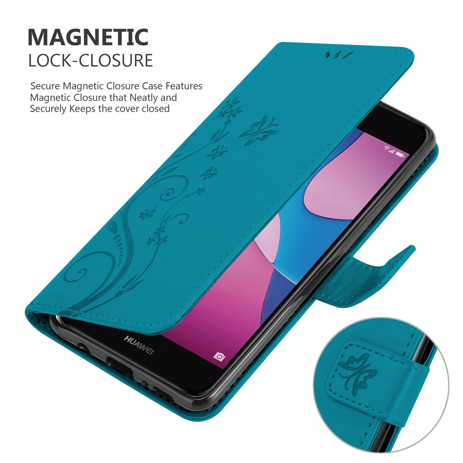 Eine türkisfarbene Handyhülle. Sie ist mit einem Blumendesign verschlossen und hat einen Magnetverschluss. Das Telefon ist innen sichtbar.
