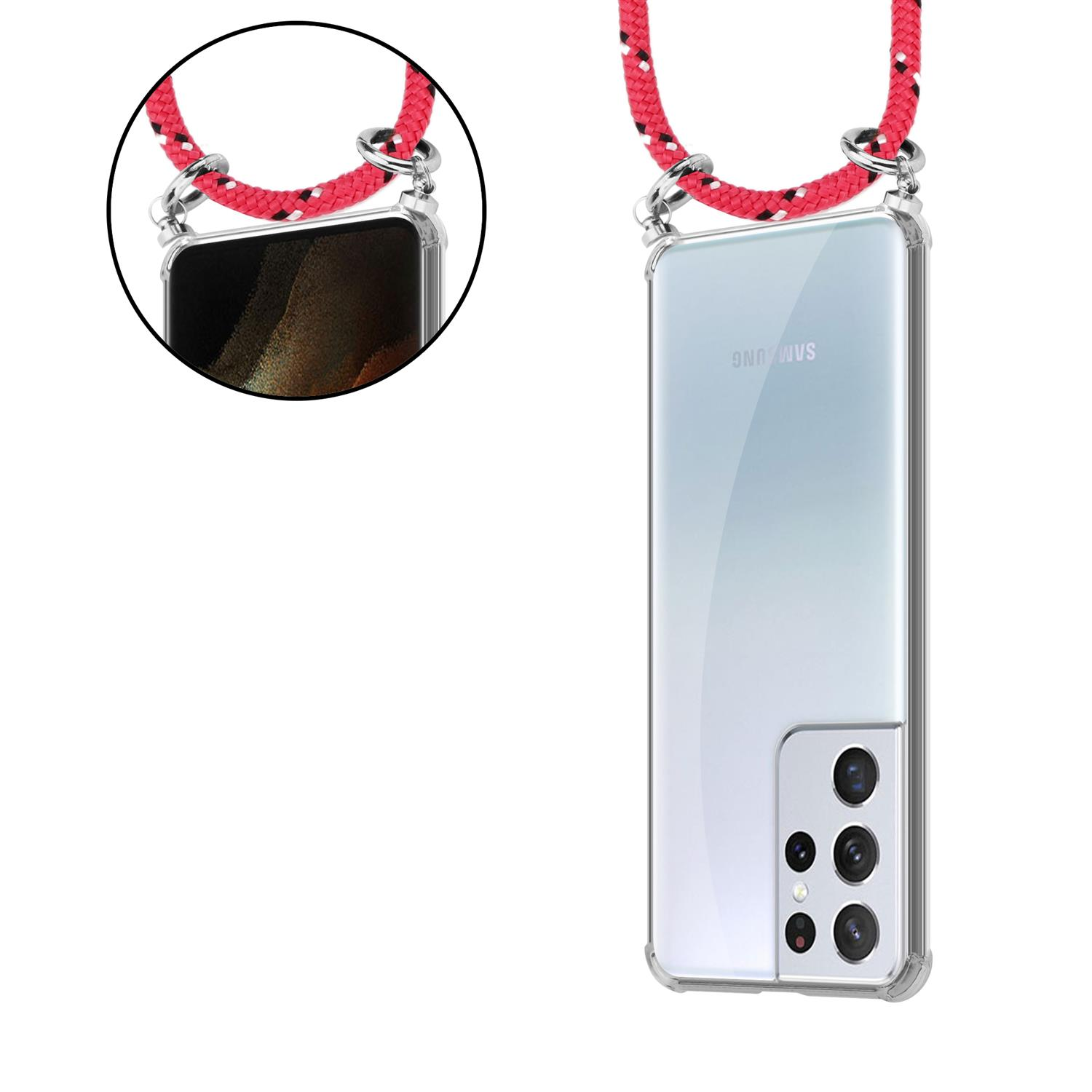 Ein Telefon mit einer rot-schwarzen Kordel, das das Telefon zeigt.