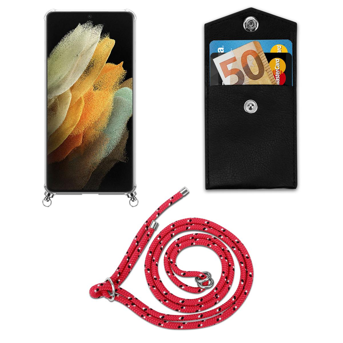 Transparente Handyhülle mit roter Schnur. Eine schwarze Hülle mit Kartenhalter wird gezeigt.