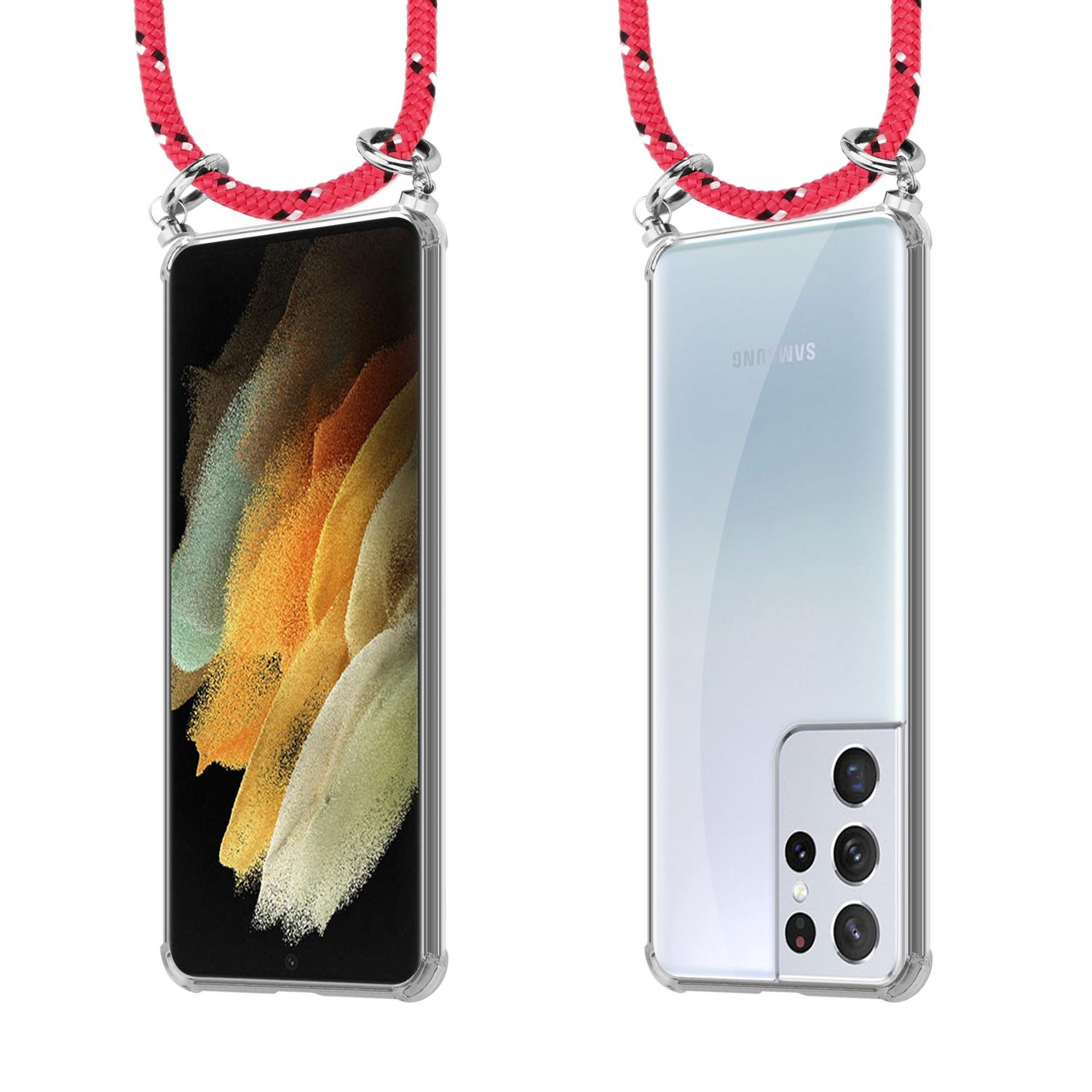 Handyhülle mit rotem und schwarzem Seil. Telefon ist sichtbar, transparente Hülle.