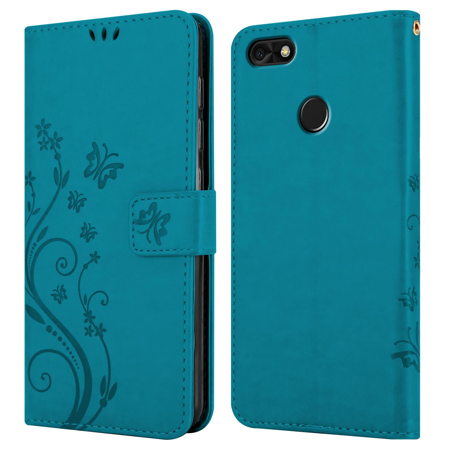 Zweiteilige tealfarbene Handyhülle mit Blumen- und Schmetterlingsdesign.