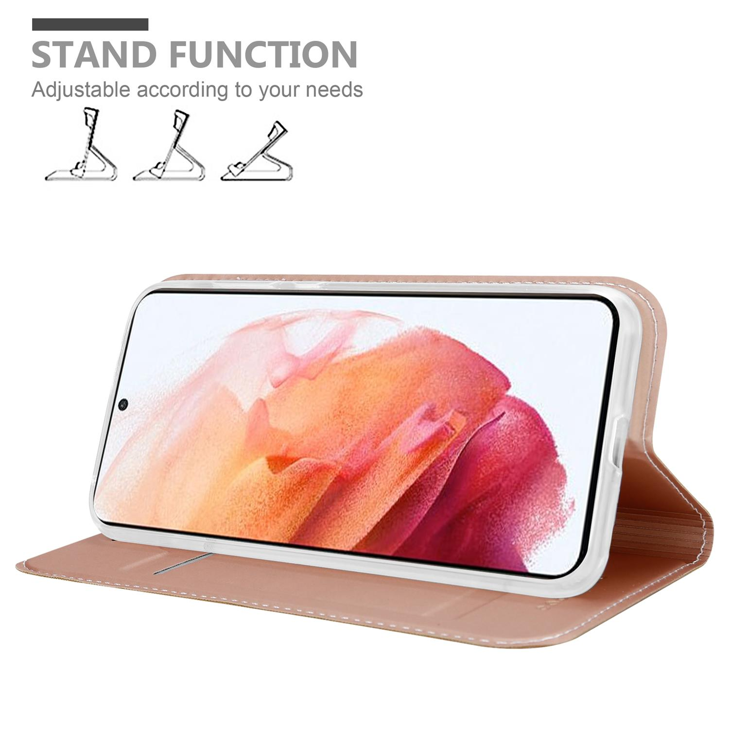 Ein Telefon in einer braunen Hülle in Ständerposition, mit Grafiken der Ständerfunktion oben.