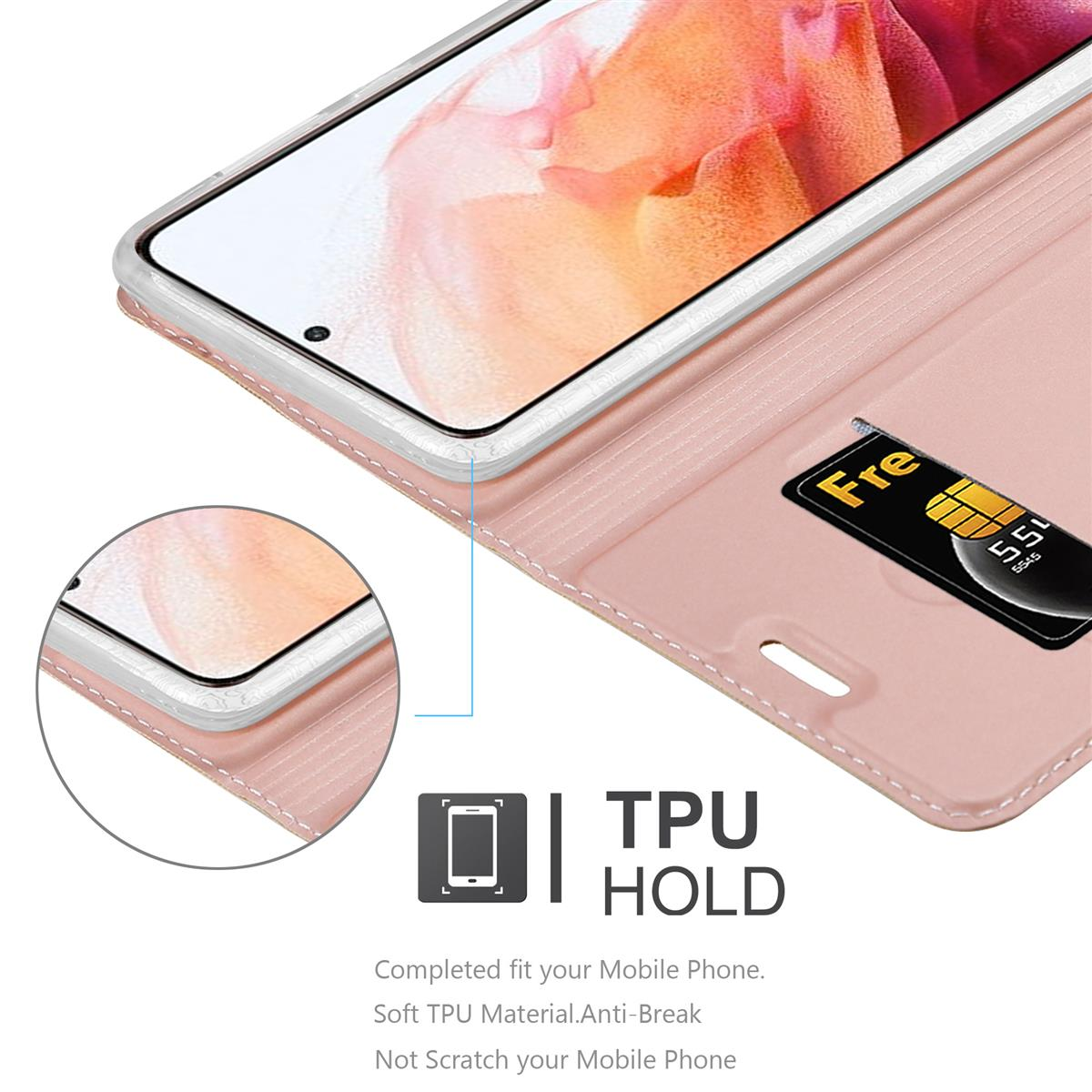 Handyhülle mit Kartenfach. Text: 'TPU HOLD'. Telefon ist innen. Rosa Farbe.