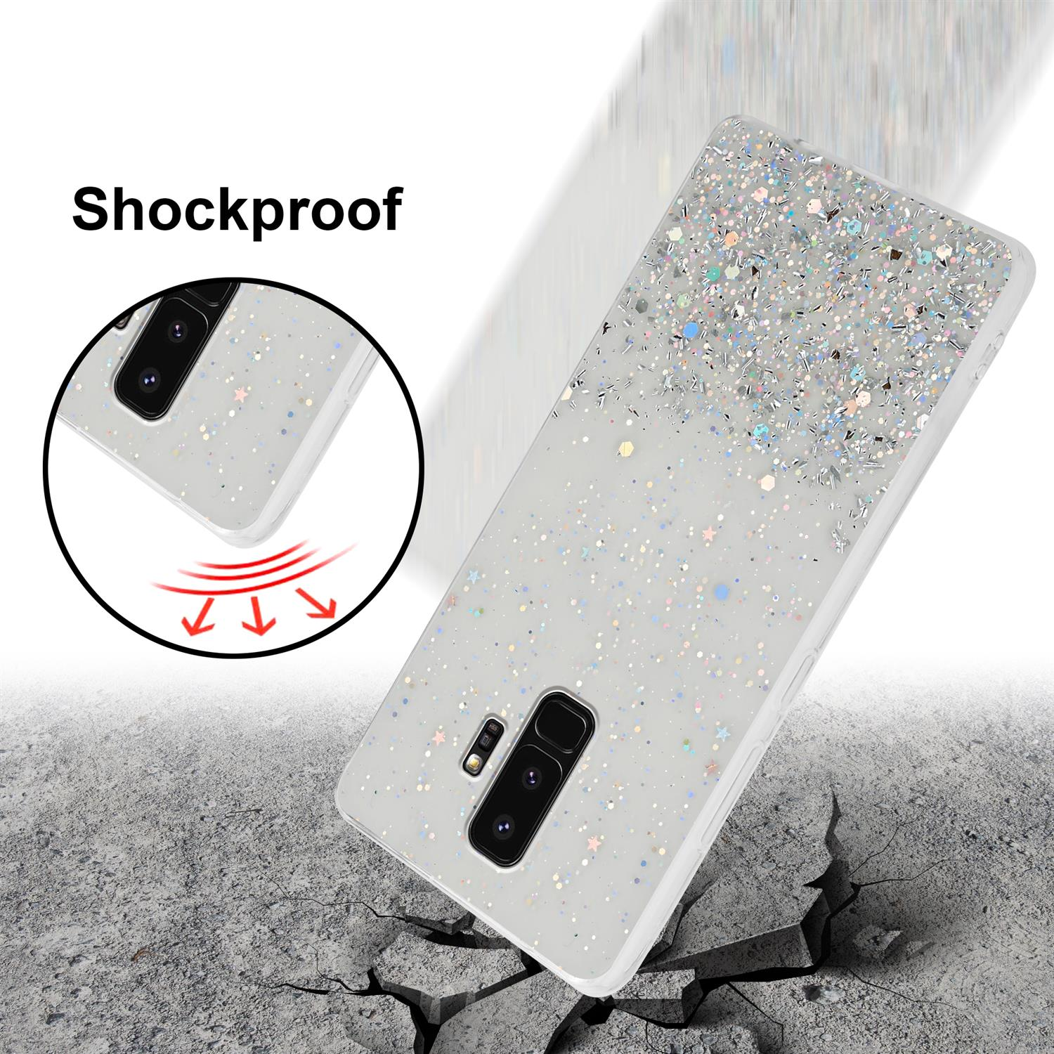 CADORABO Schutzhülle mit funkelnden Glitter, mit PLUS, Samsung, Galaxy S9 Glitter Transparent Backcover