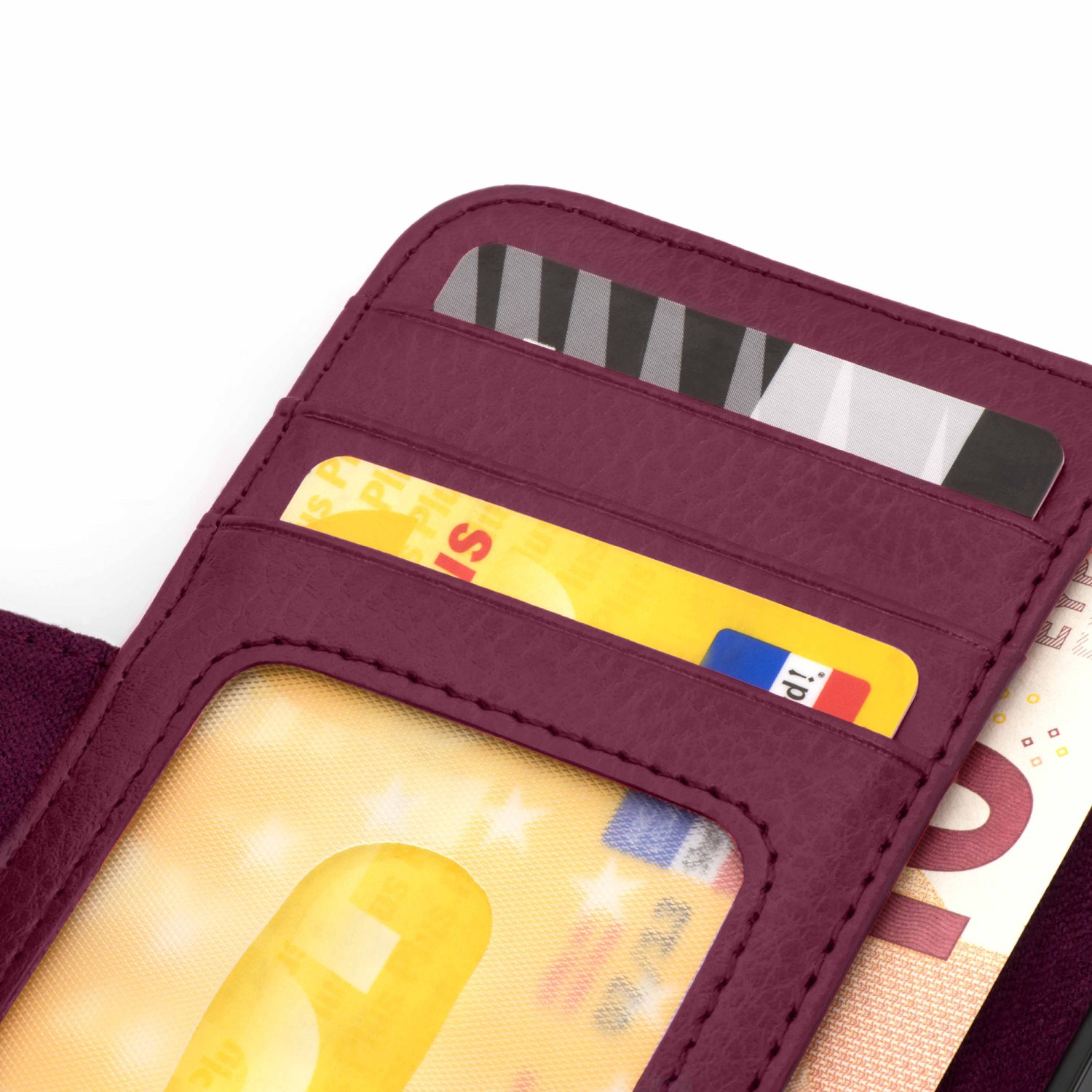 Lila Leder-Handyhülle, Kartenfächer zeigend, Blick auf Karten und Geld innen.