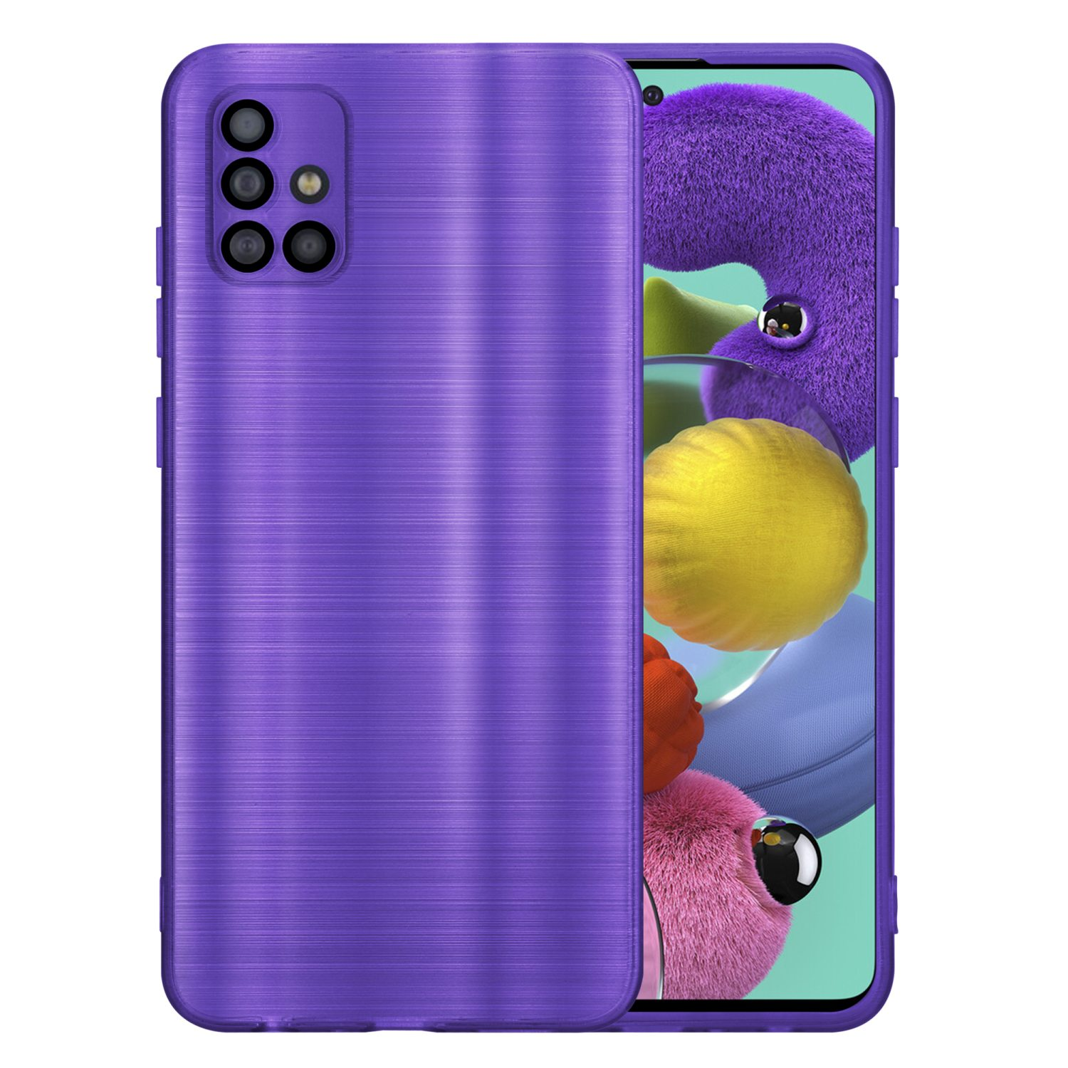 Custodia per telefono viola con texture metallo spazzolato. Telefono a destra con design colorato.