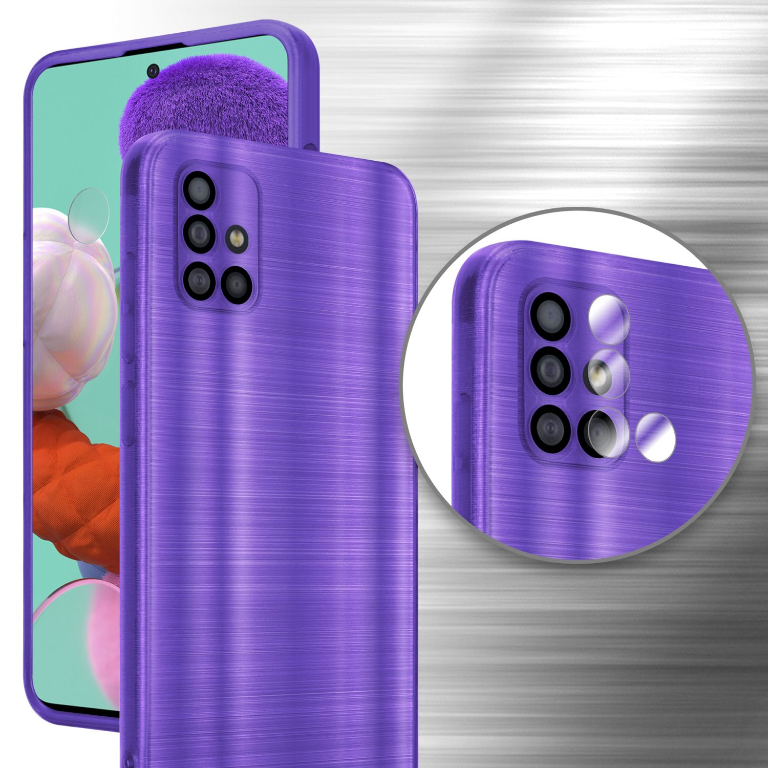 Custodia per telefono viola con 3 fotocamere. La custodia ha un design in metallo spazzolato. Il telefono è nella custodia.