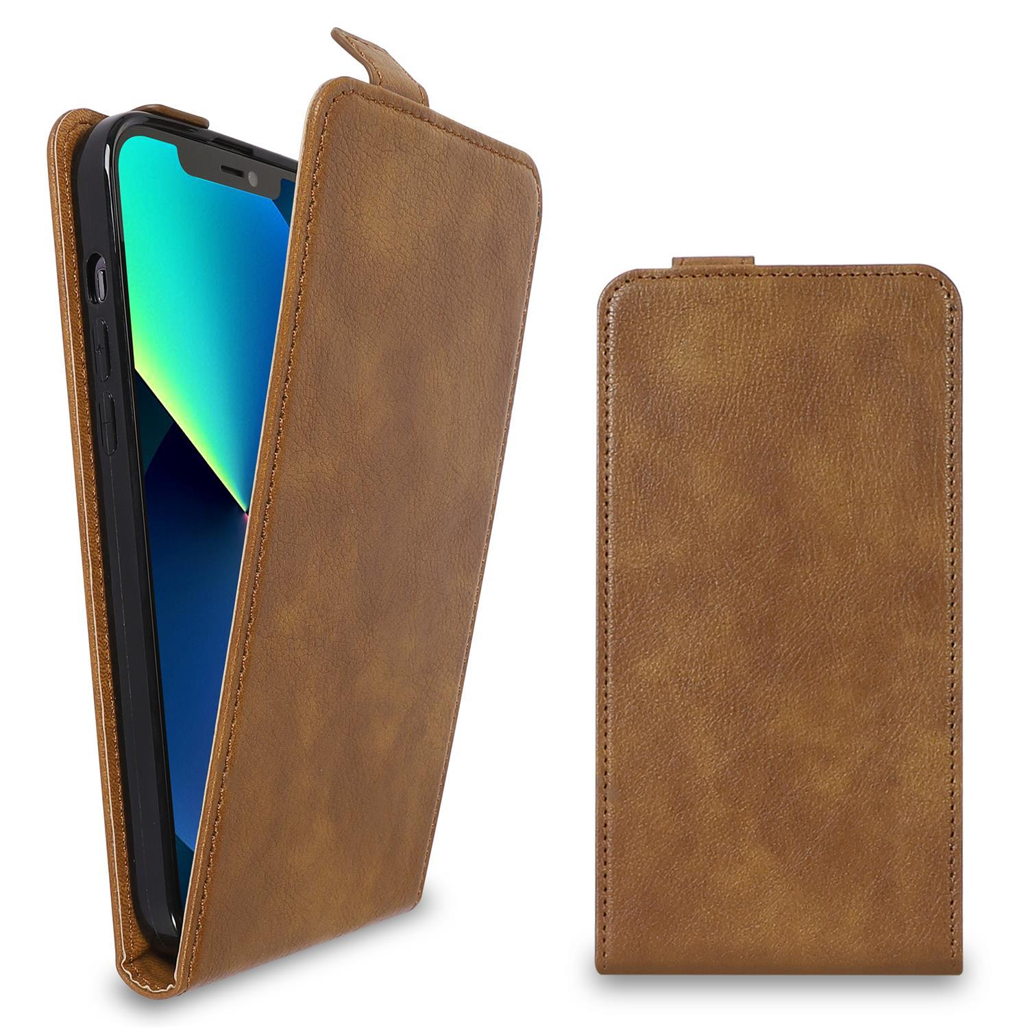 Braune Leder-Handyhülle, geöffnet. Telefon innen ist grün.