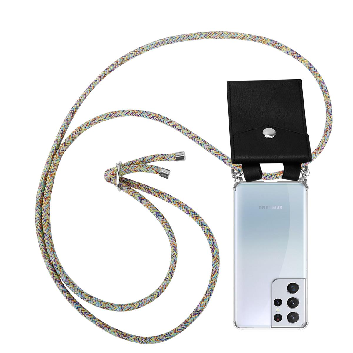 Telefon mit Lanyard. Das Telefon ist in einer schwarzen Hülle. Das Lanyard ist bunt.