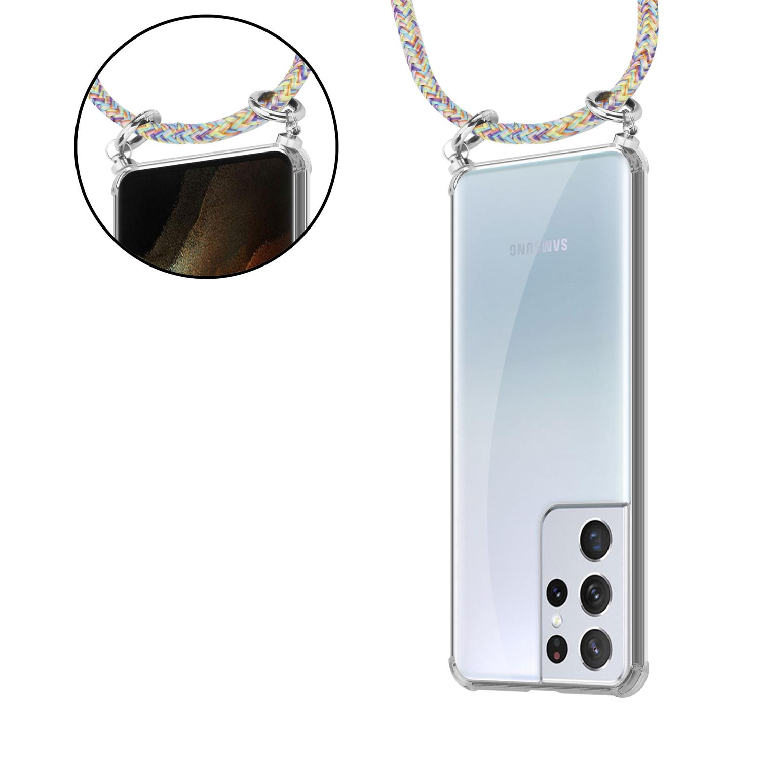 Telefon mit klarer Hülle und buntem Lanyard. Das Telefon ist rechts, mit seiner Hülle.