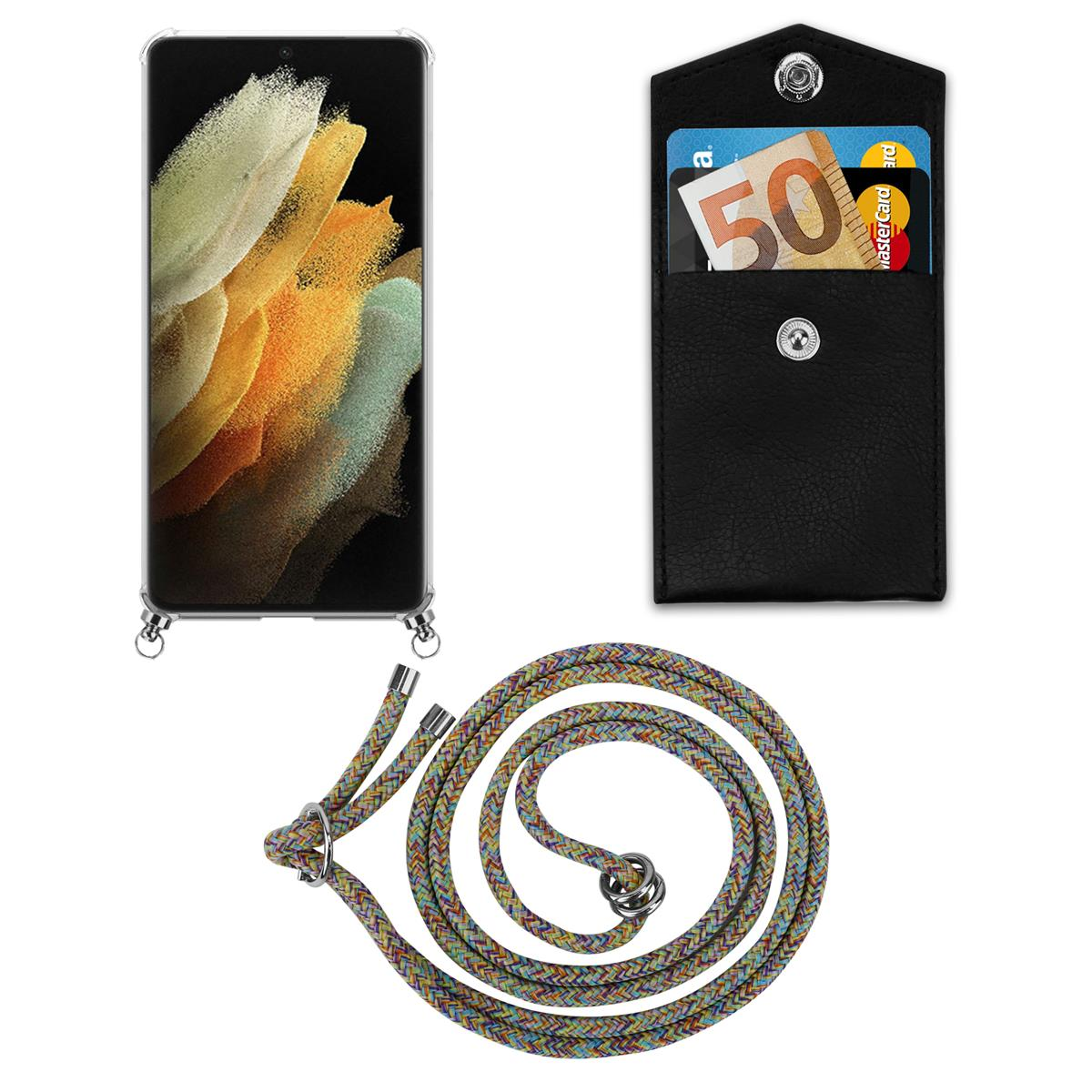 Telefon in transparenter Hülle mit Lanyard. Schwarzes Portemonnaie mit Karten, Geld. Weißer Hintergrund.
