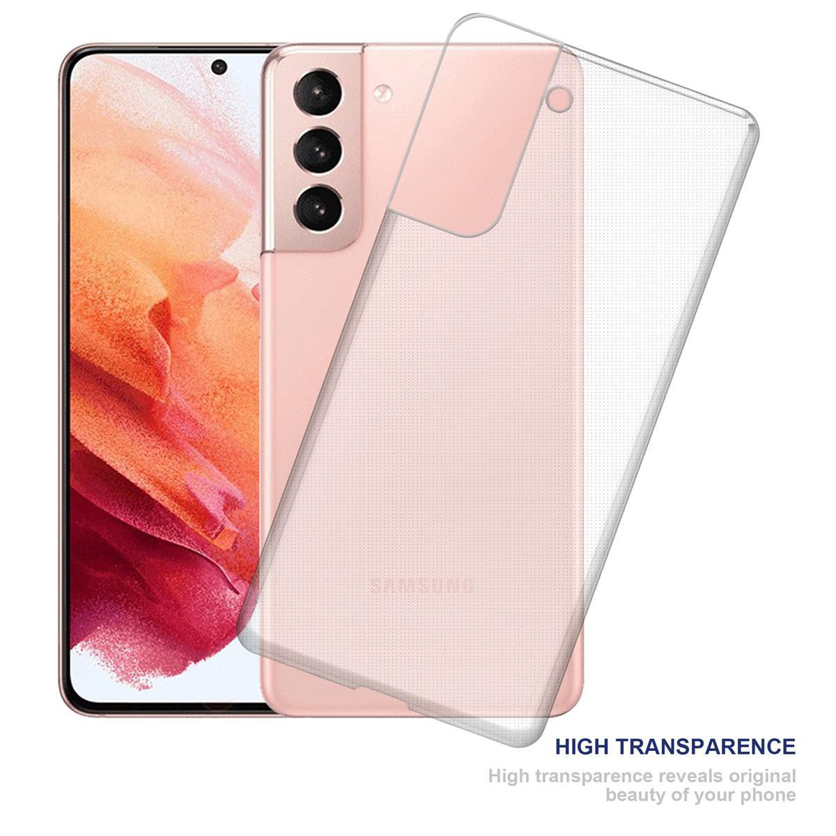 Ein rosa Telefon und eine transparente Handyhülle auf weißem Untergrund mit Text.