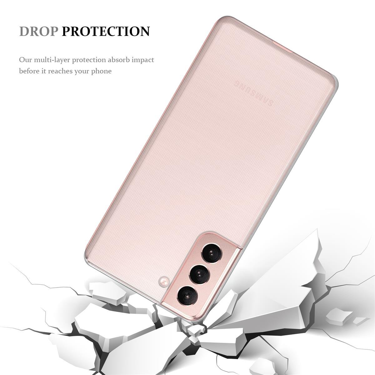 Handyhülle fällt auf einen rissigen Boden, mit Text 'DROP PROTECTION'.