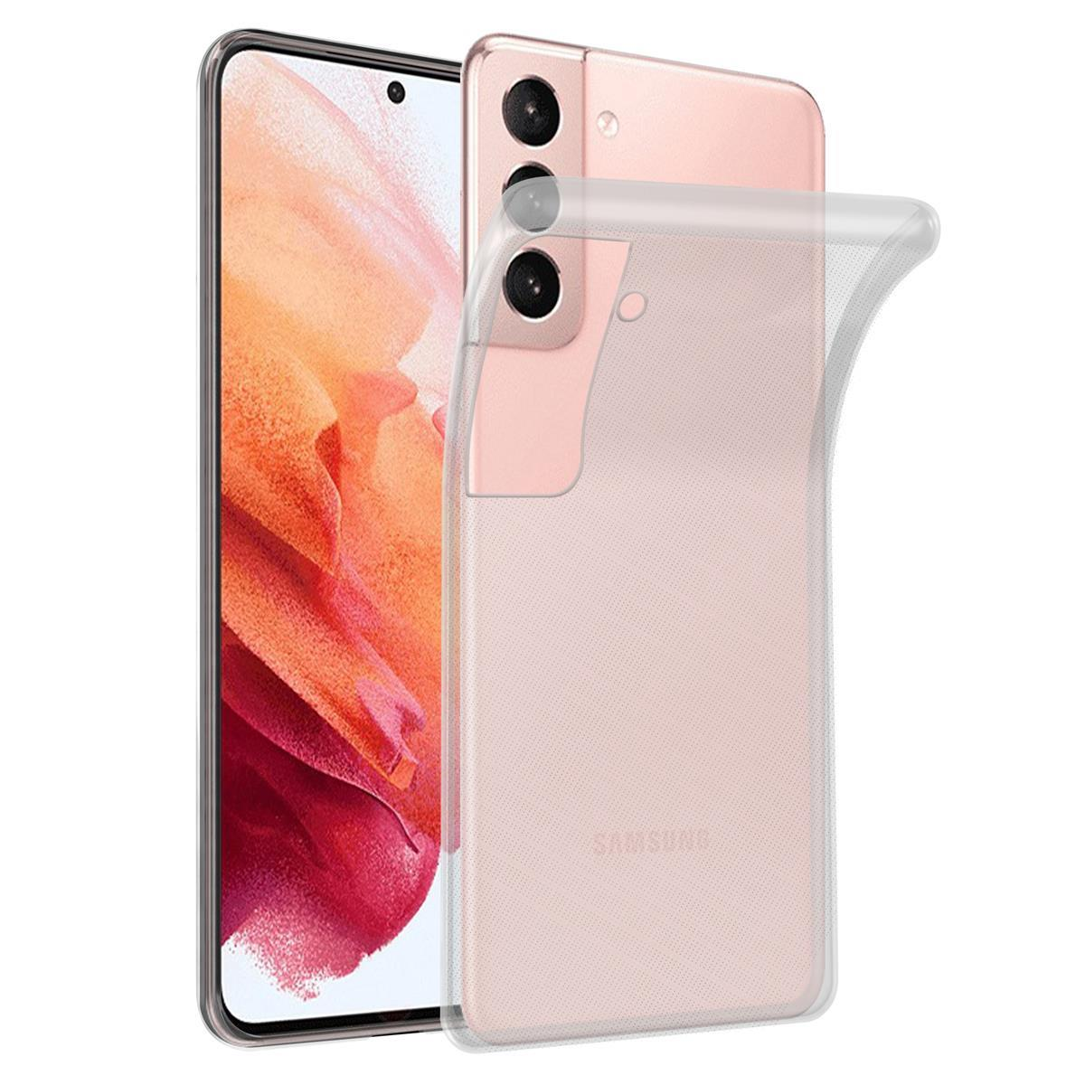 Transparente Handyhülle auf pinkfarbenem Telefon. SAMSUNG steht auf dem Telefon.