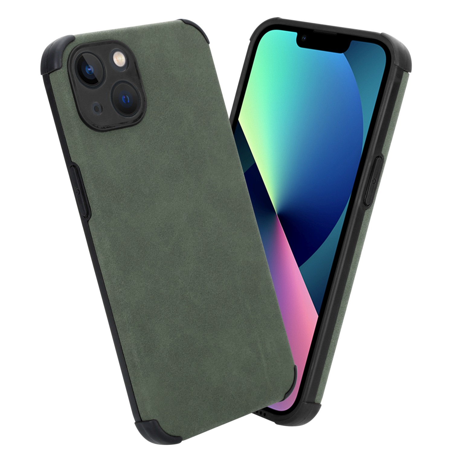 Grüne Handyhülle mit schwarzen Ecken. iPhone wird gezeigt. Weißer Hintergrund. Winkelansicht.
