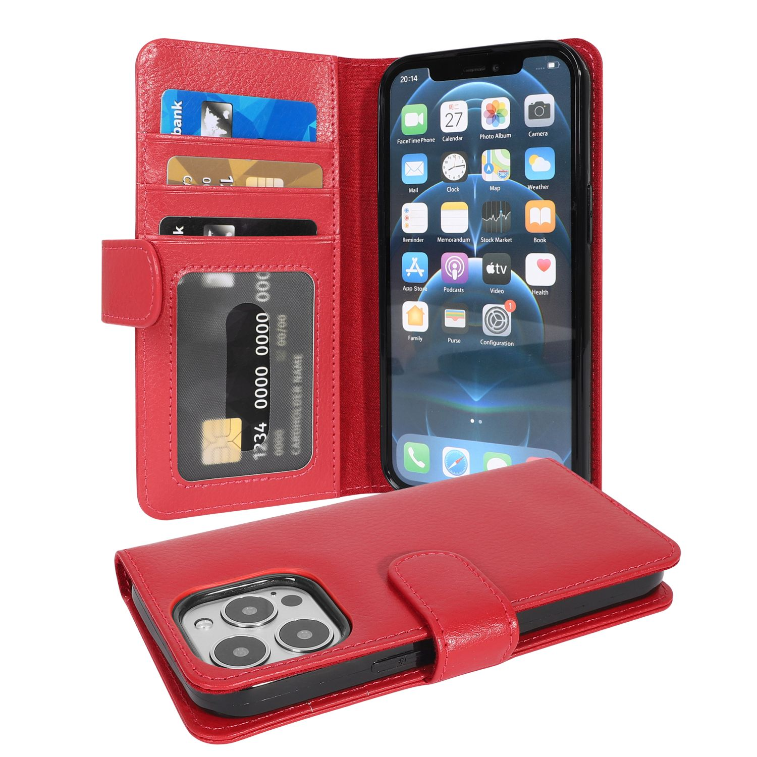 Rote Leder-Handyhülle, offen. Zeigt Telefonbildschirm, Kartenfächer und eine schwarze Karte.