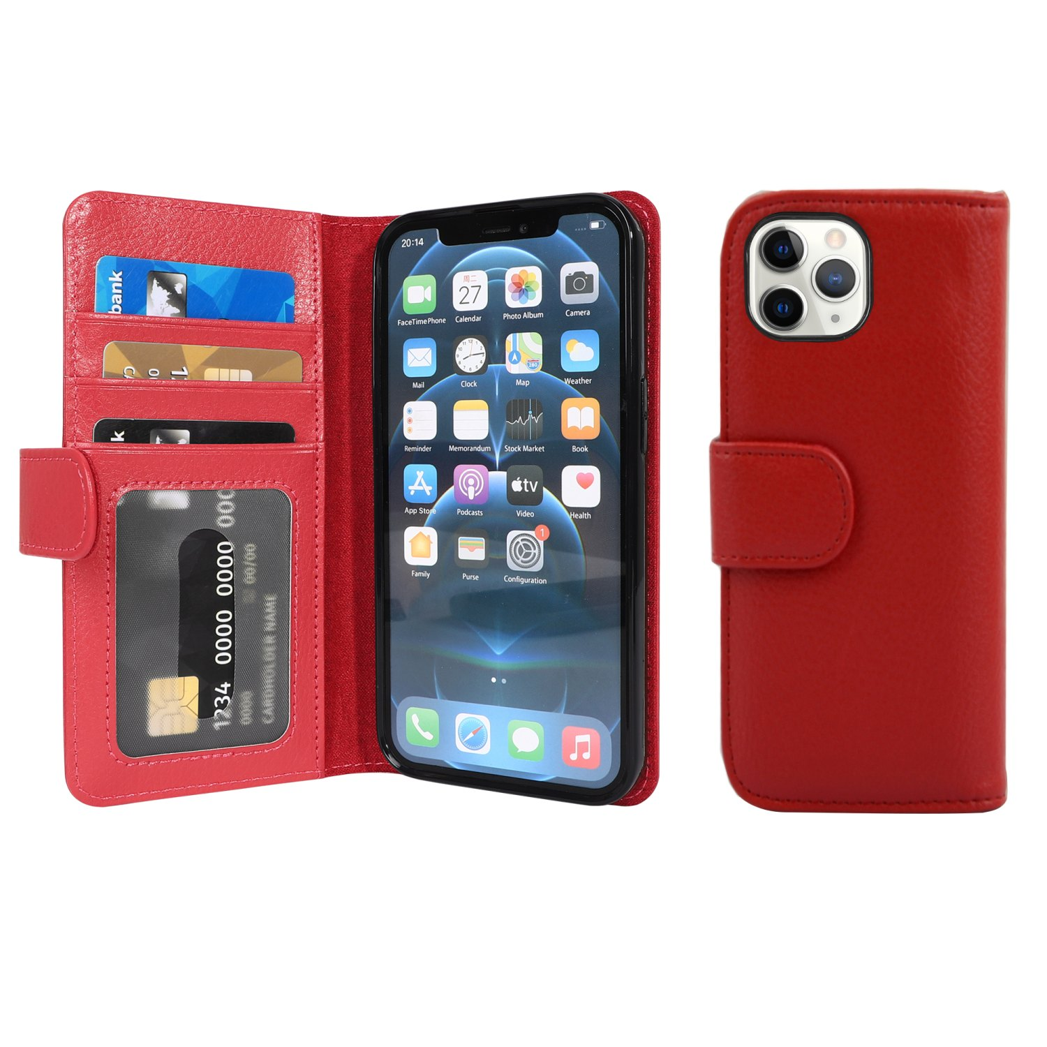 Rote Handyhülle geöffnet, zeigt Karten und ein Telefon. Das Telefon ist rechts.