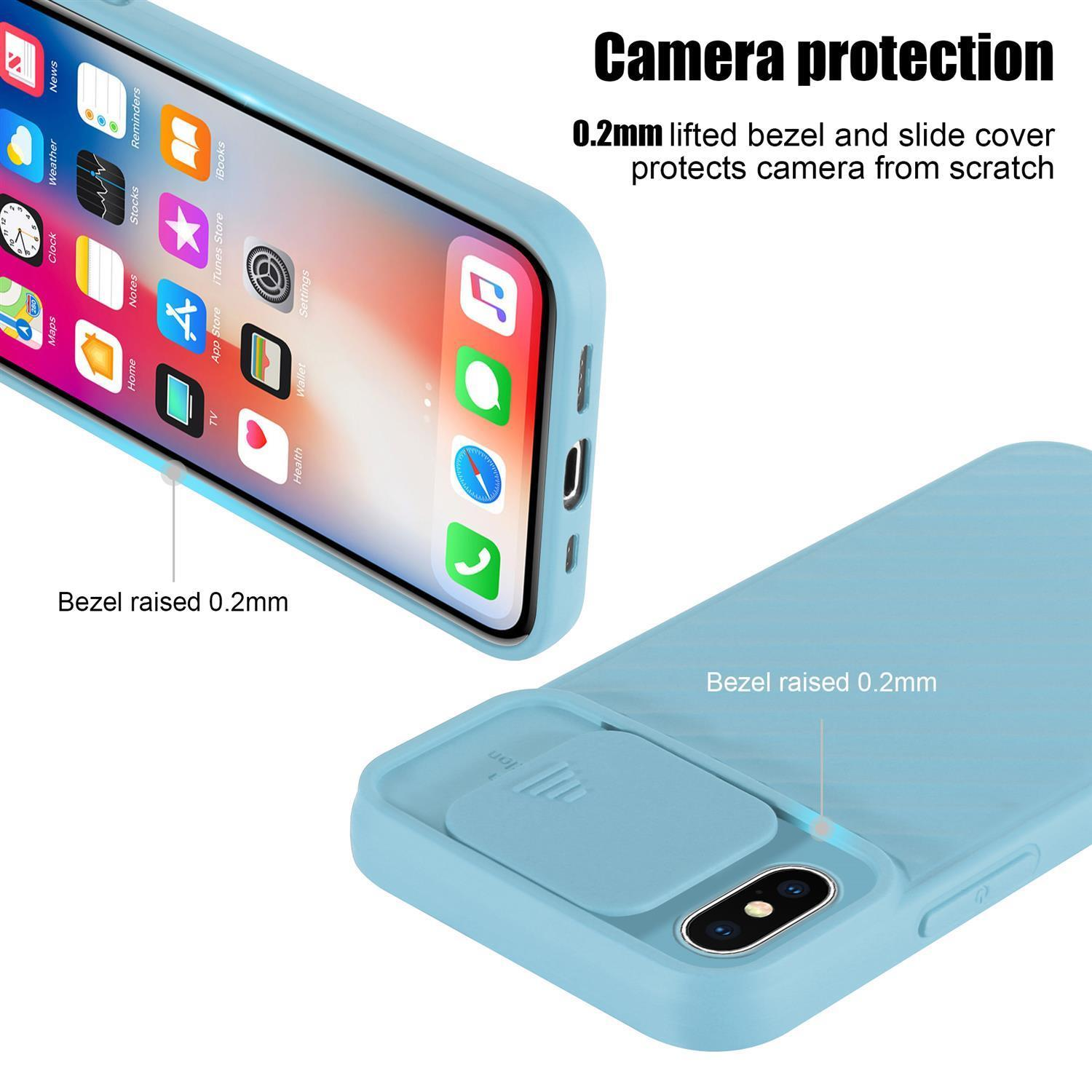 Hellblaue Handyhülle mit blauem Telefon, mit Text zum Kameraschutz.