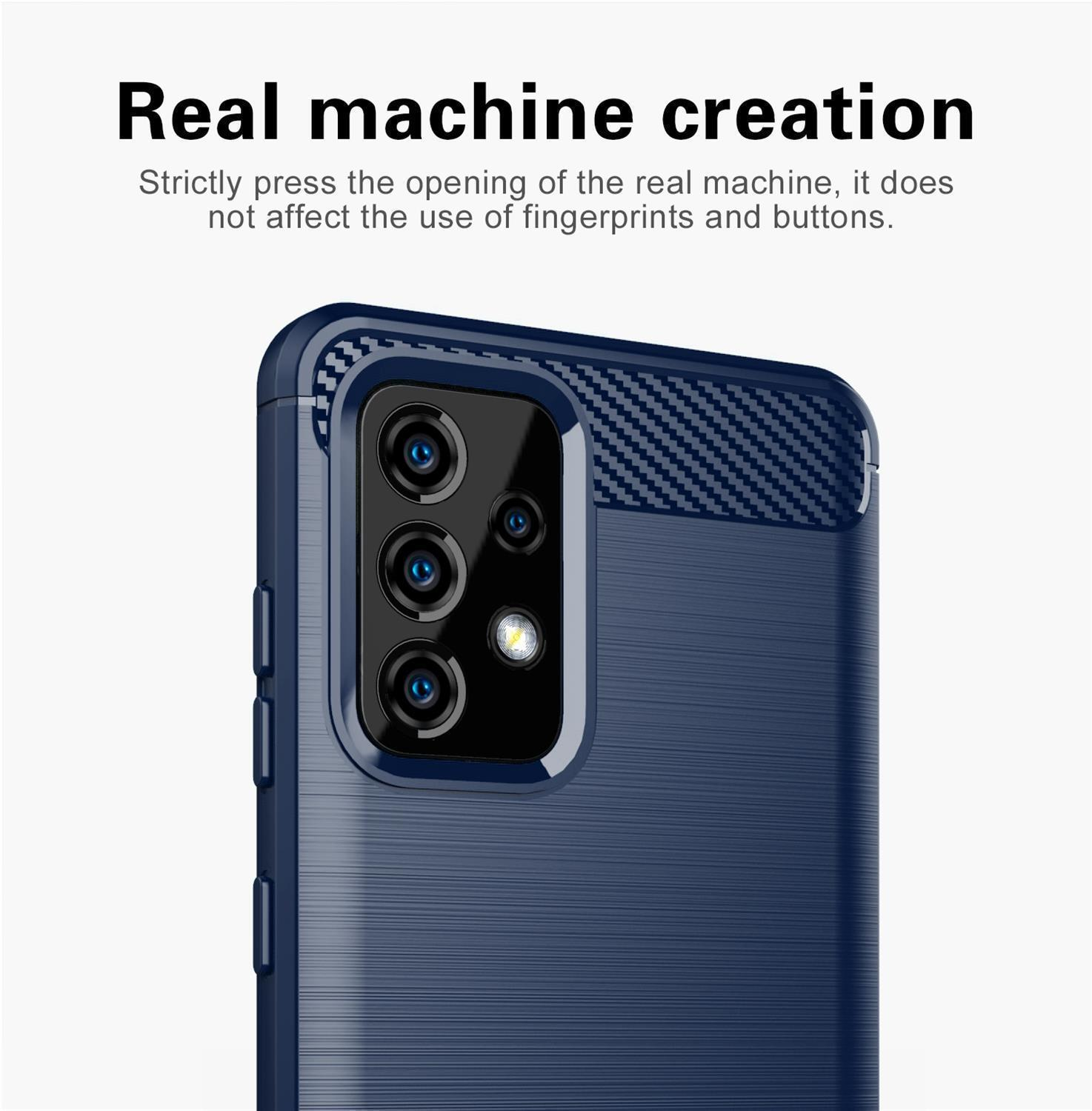 Eine dunkelblaue Handyhülle mit strukturiertem Design. Die Hülle hat eine Kameraöffnung. Weißer Hintergrund.