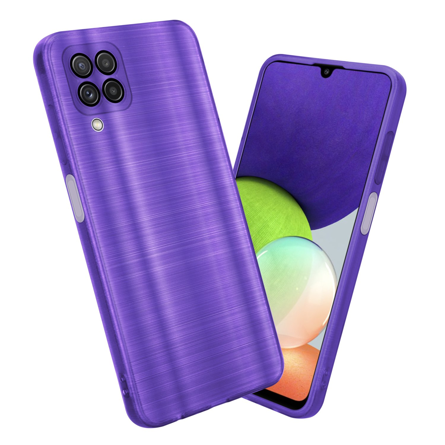 Custodia per telefono viola, con una texture a pennellate. Due telefoni nell'immagine.