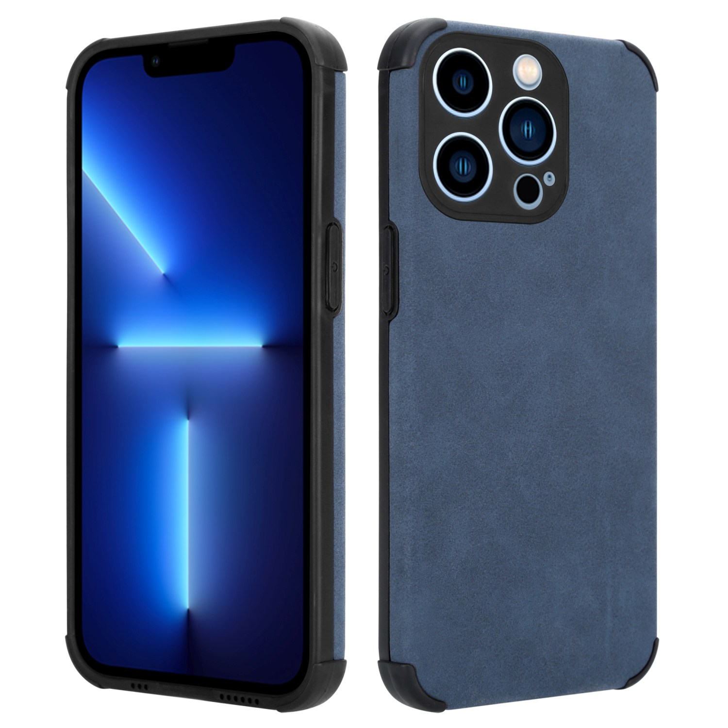 Blaue Handyhülle mit schwarzen Ecken, auf weißem Hintergrund. Zwei Telefone.