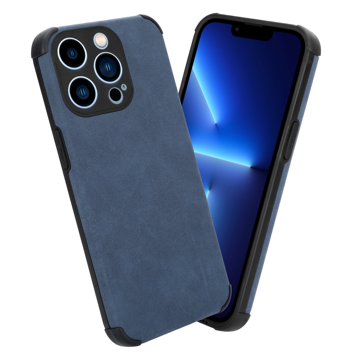 Blaue Handyhülle mit schwarzen Rändern und Telefon. Das Telefon hat drei Kameras.