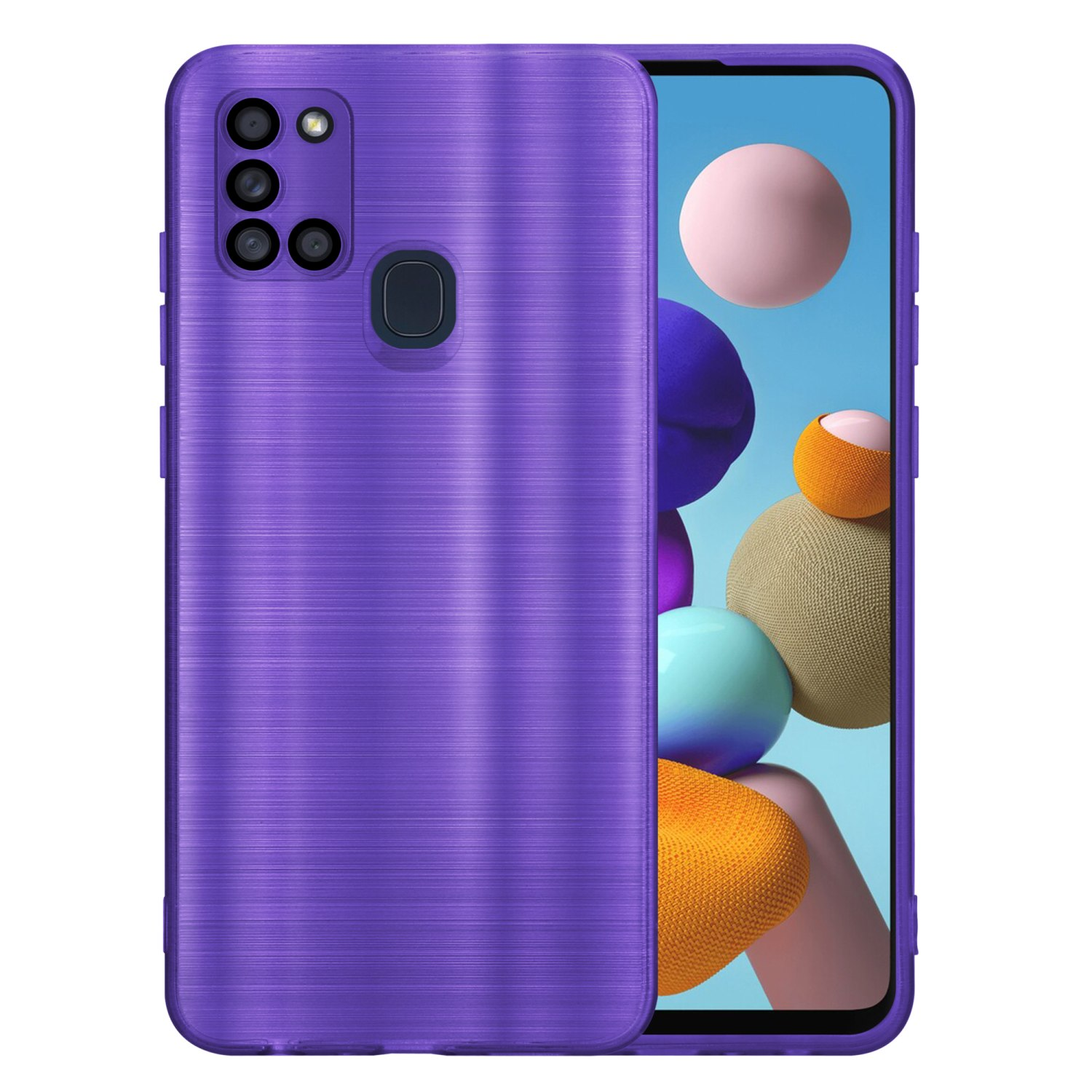 Custodia viola per telefono con superficie strutturata. Schermo mostra forme colorate.