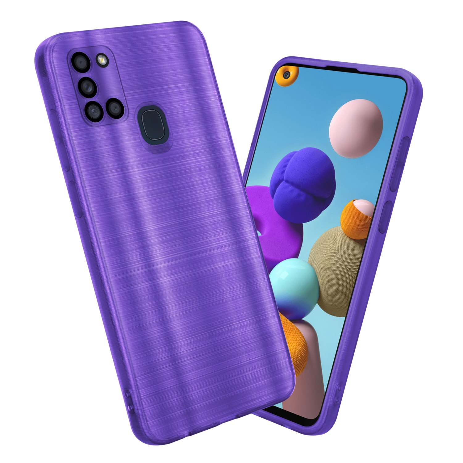 Custodia viola con texture. Ci sono due telefoni, uno dentro e uno fuori.