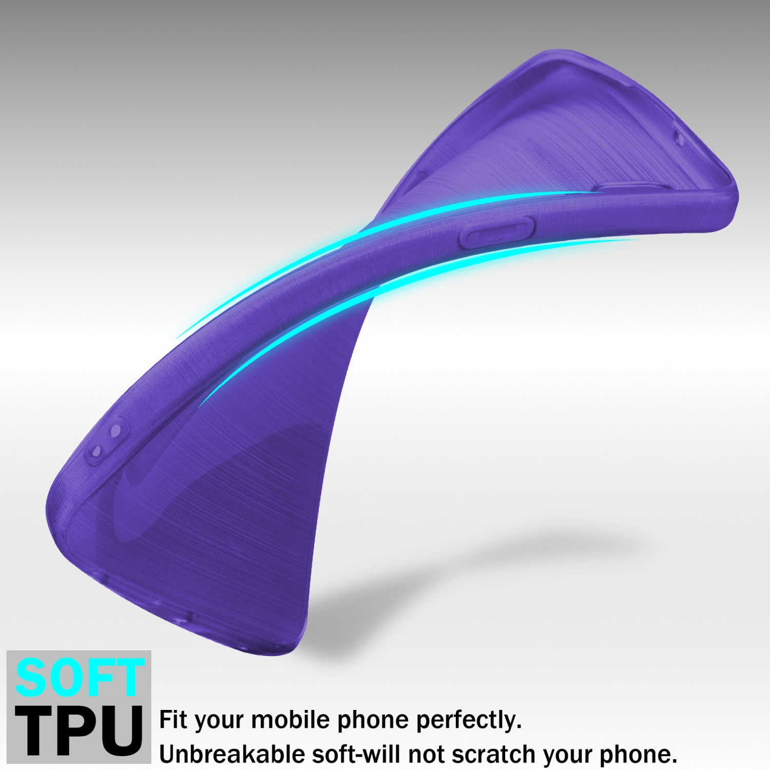 Custodia viola che si piega leggermente. Testo: TPU morbido. Adatta perfettamente il tuo telefono.