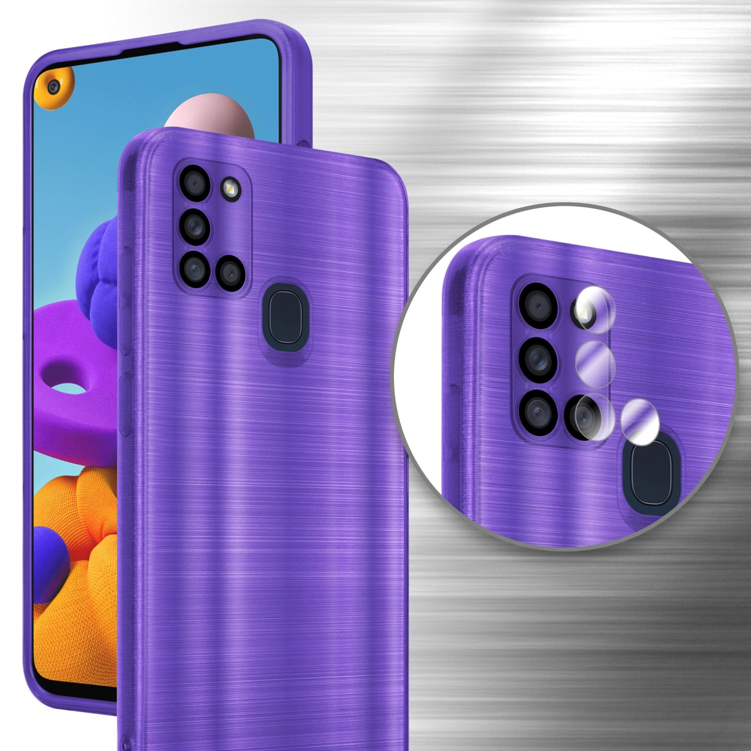 Custodia viola per telefono con il telefono all'interno.
